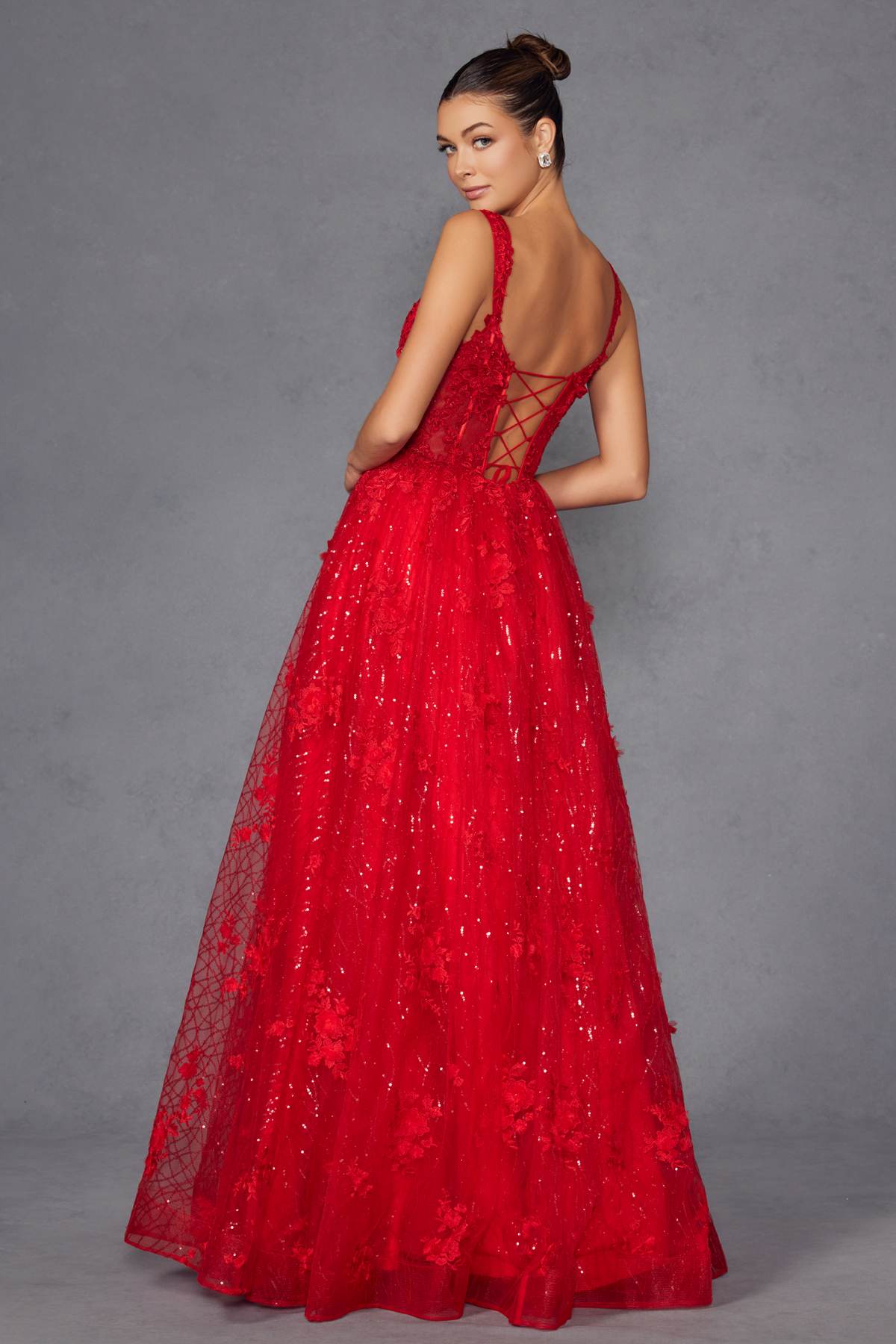 Juliet JT2495A Long A-Line Floral Lace Evening Gown by DiscountDressShop