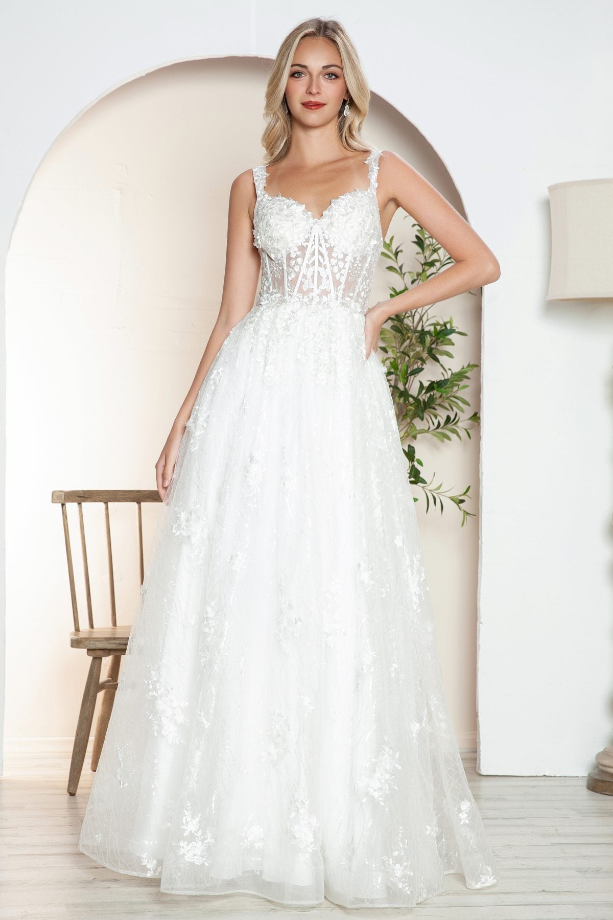 Juliet JT2495AW Long A-Line Floral Lace Bridal Gown by DiscountDressShop