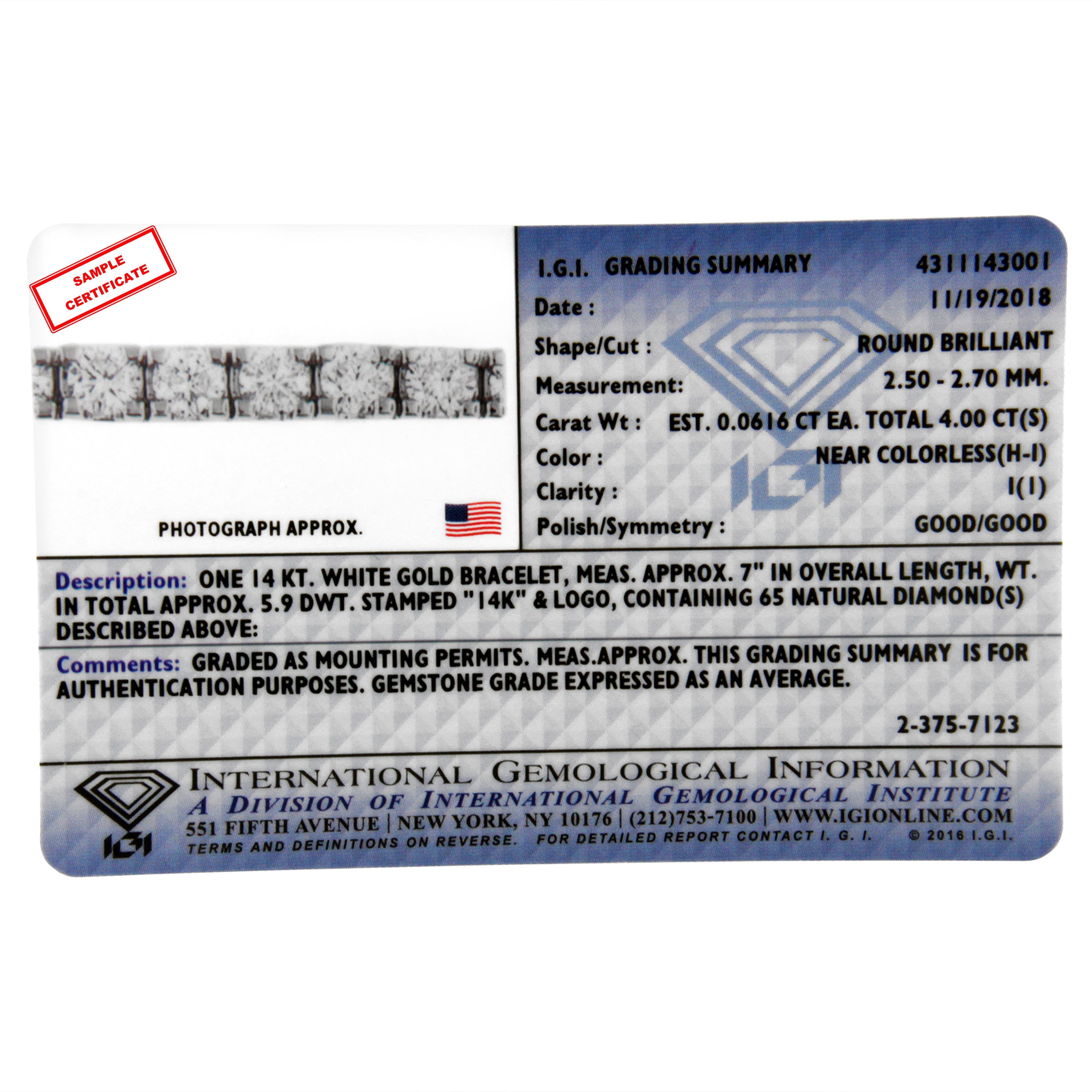 IGI Certified 5.0 Cttw Cut Diamond 14K White Gold Classic 7†Tennis Bracelet (H-I Color, I1-I2 Clarity)