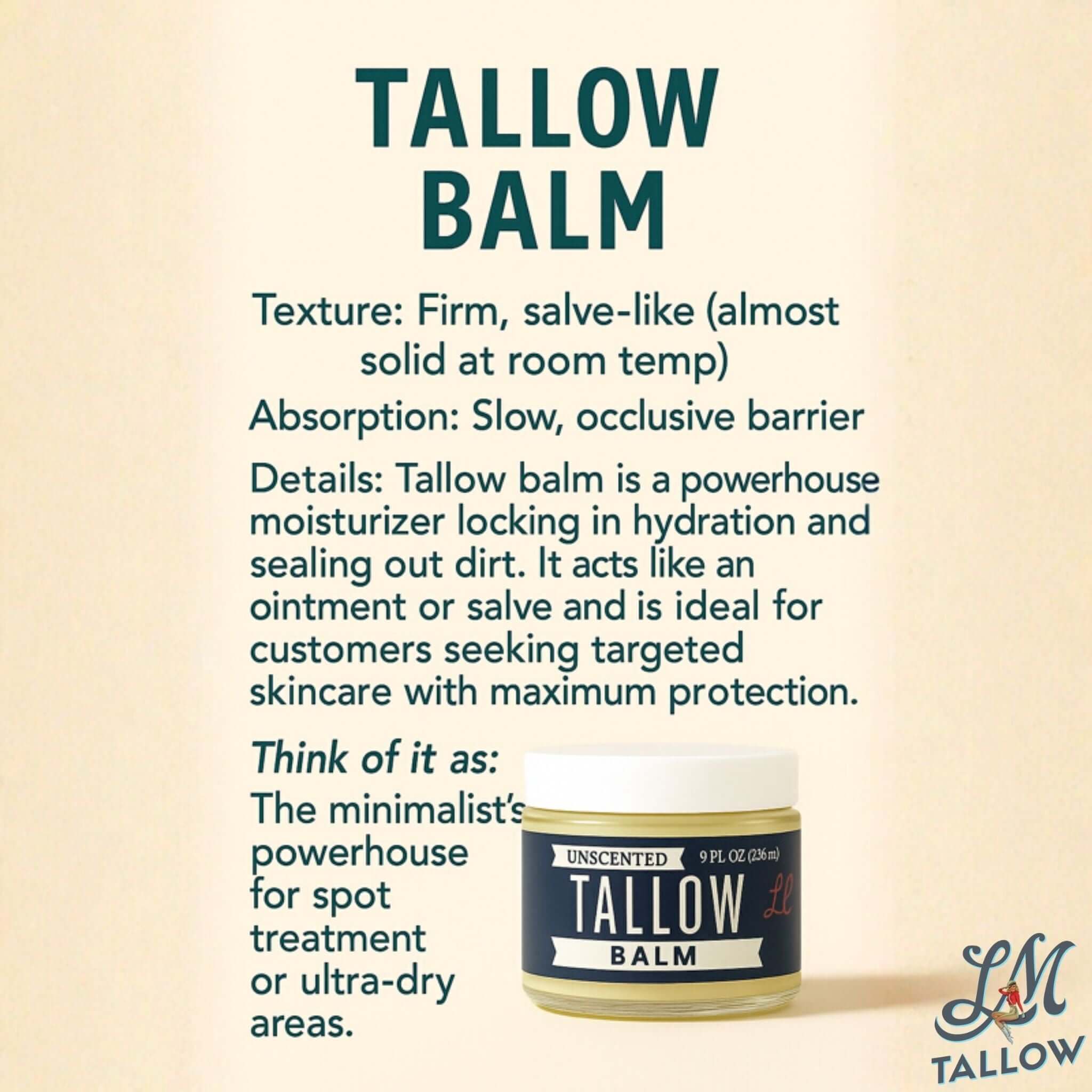 Unscented Tallow Balm | Natural Beef Tallow Vitamin E, Jojoba Moisturizer for Face & Body |Clean, Preservative-Free Skincare by Lady May by Lady May Tallow