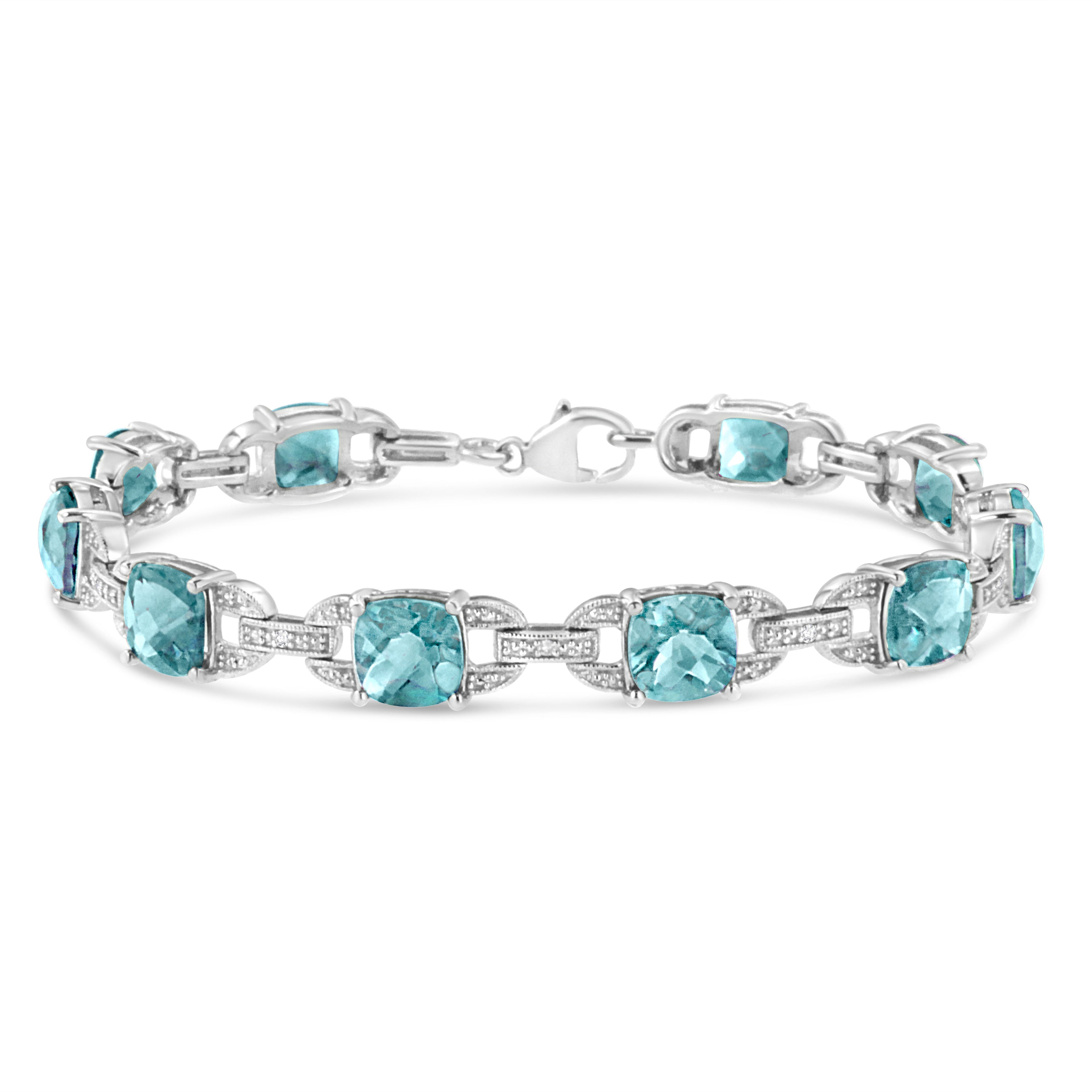 .925 Sterling Silver 7x7 mm Cushion Cut Blue Topaz and 1/20 cttw Round Cut Diamond Fashion Tennis Bracelet (I-J Color, I1-I2 Clarity) - 7" DestGlow