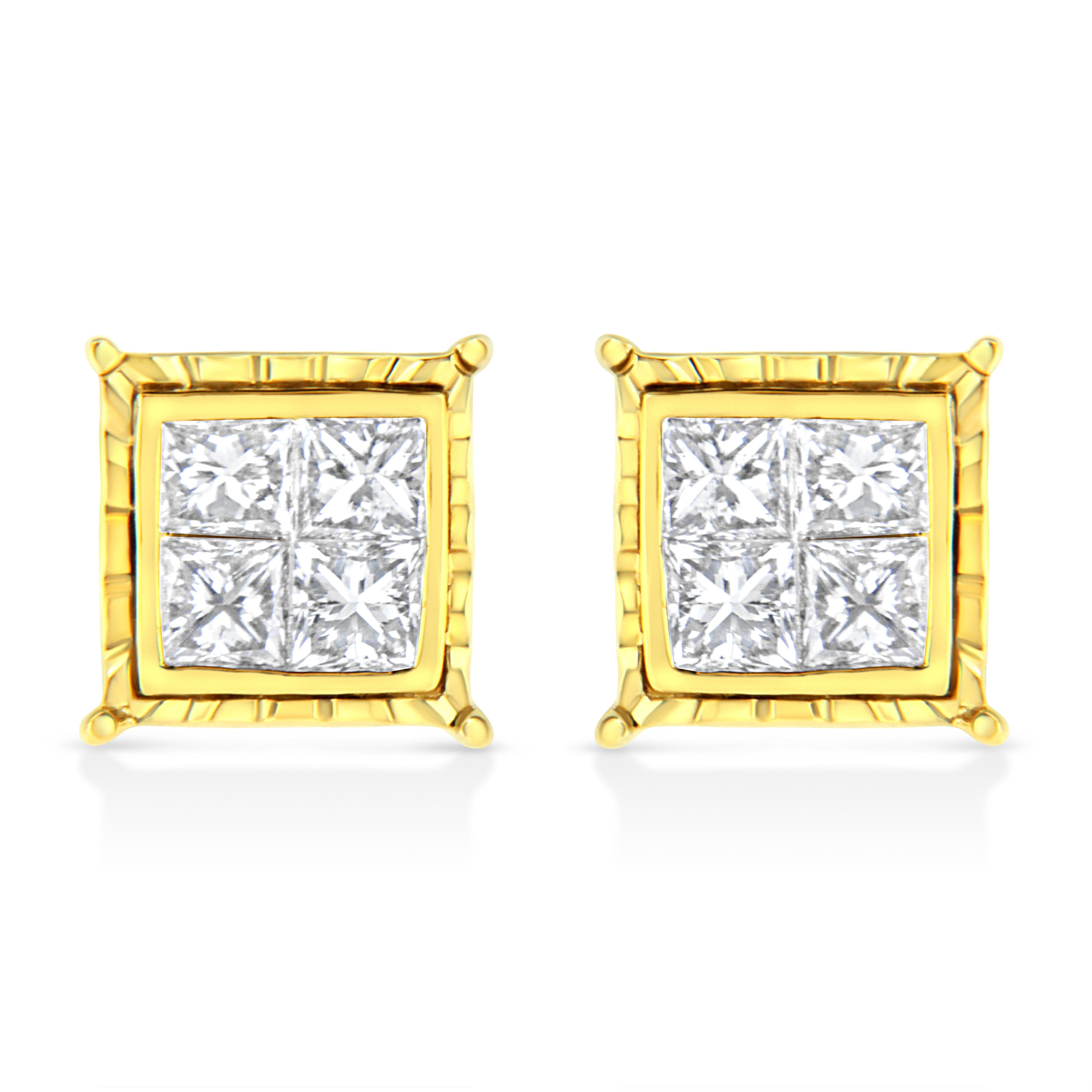 14K Yellow Gold 1.0 Cttw Invisible Set Princess-Cut Diamond Composite 8 Stone Stud Earrings (I-J Color, SI1-SI2 Clarity) by Bids.com