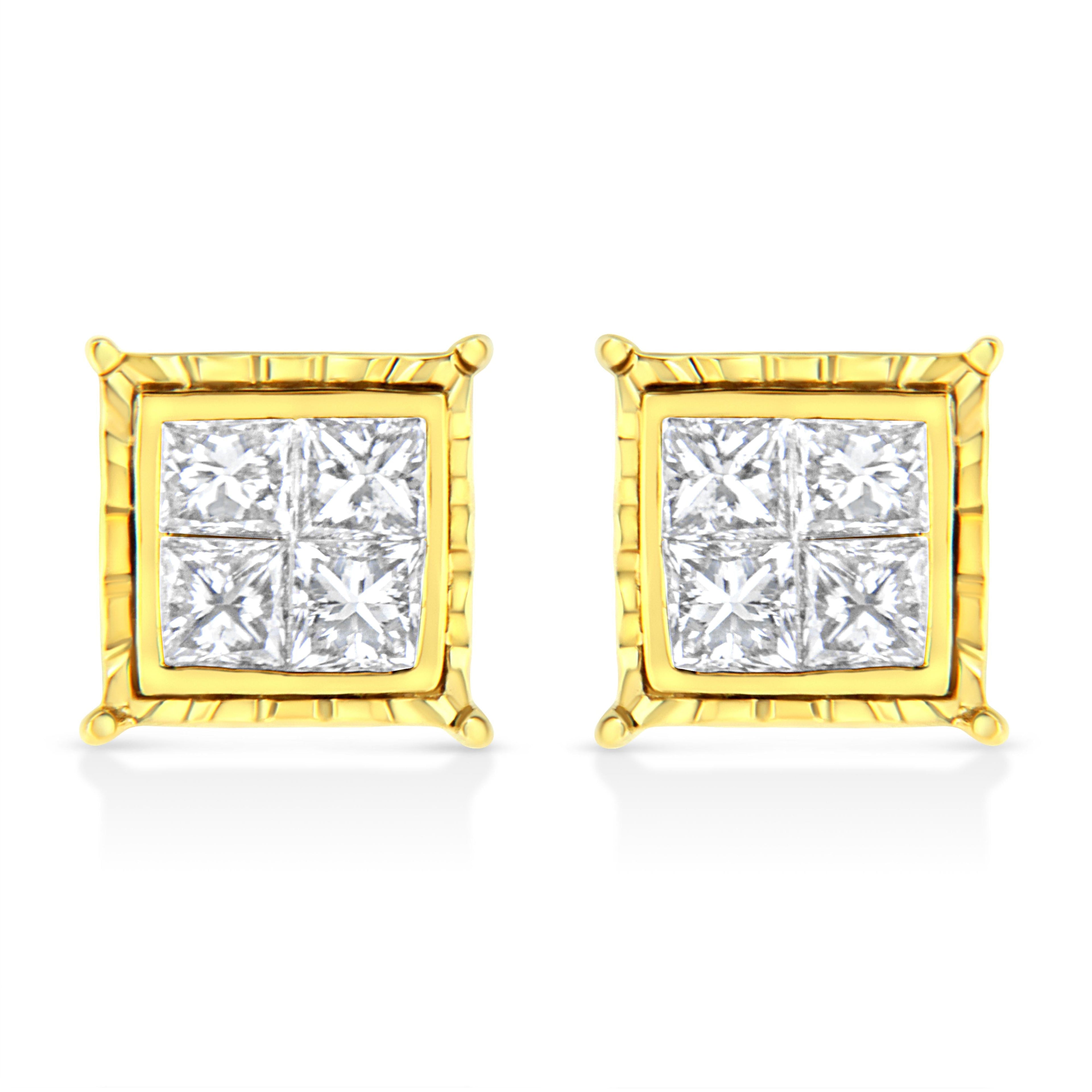 14K Yellow Gold 1 Cttw Princess Cut Diamond Square Stud Earrings
