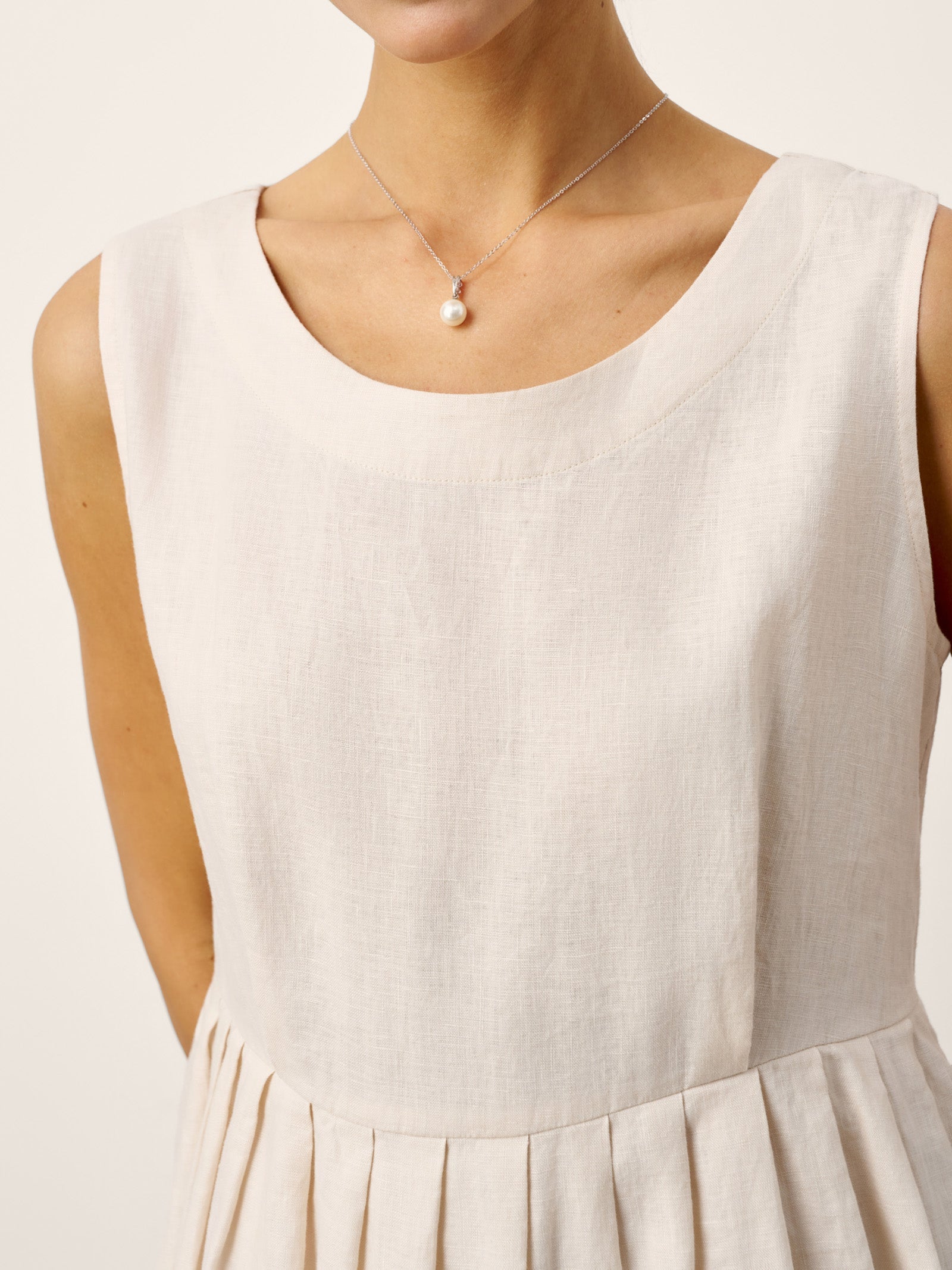 100% Linen Sleeveless Crew Neck Waist Pleated Maxi Dress SELENE by LINTICO