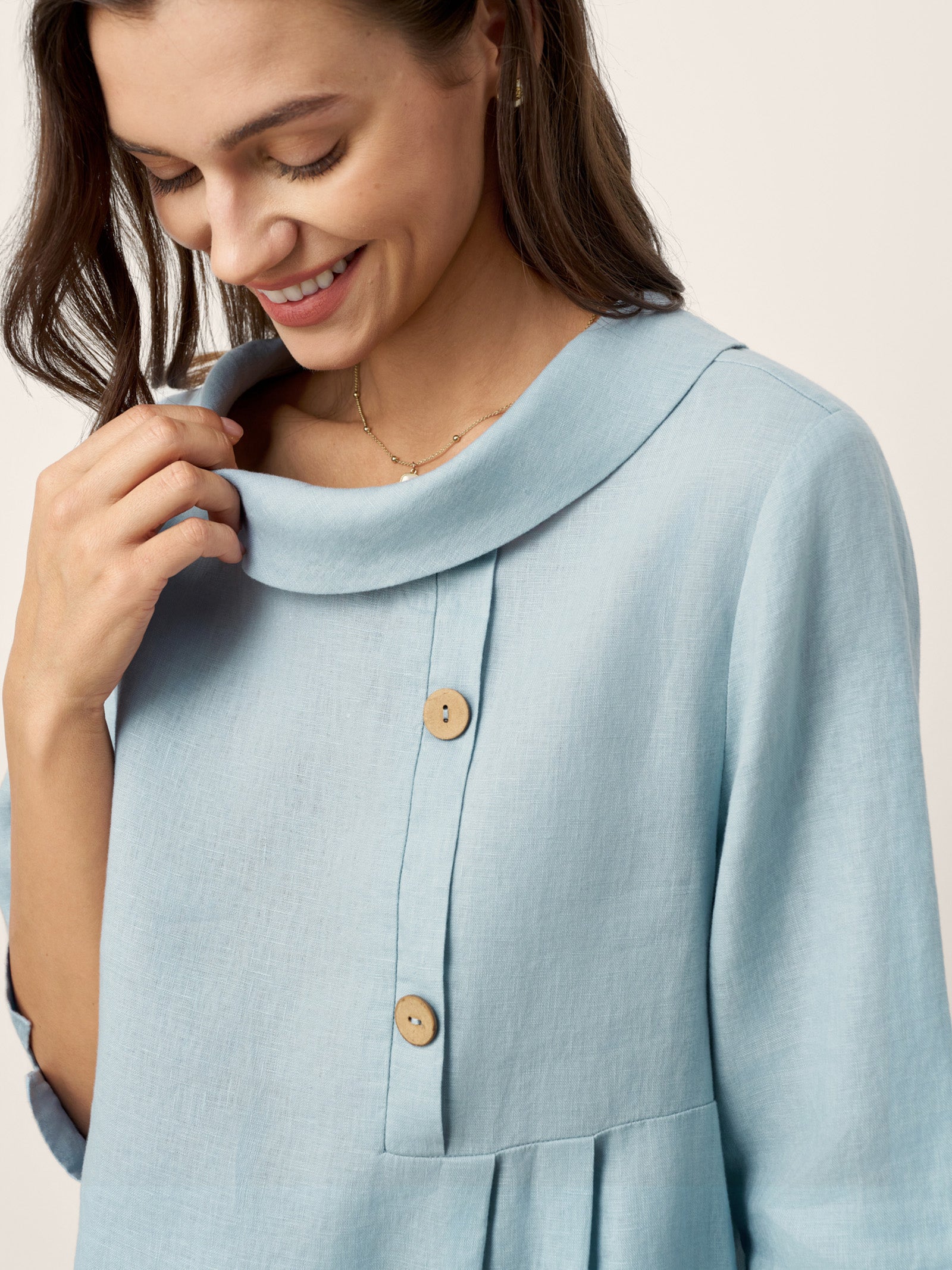 100% Linen Rolled Collar Asymmetric Button Midi Dress ELARAINE