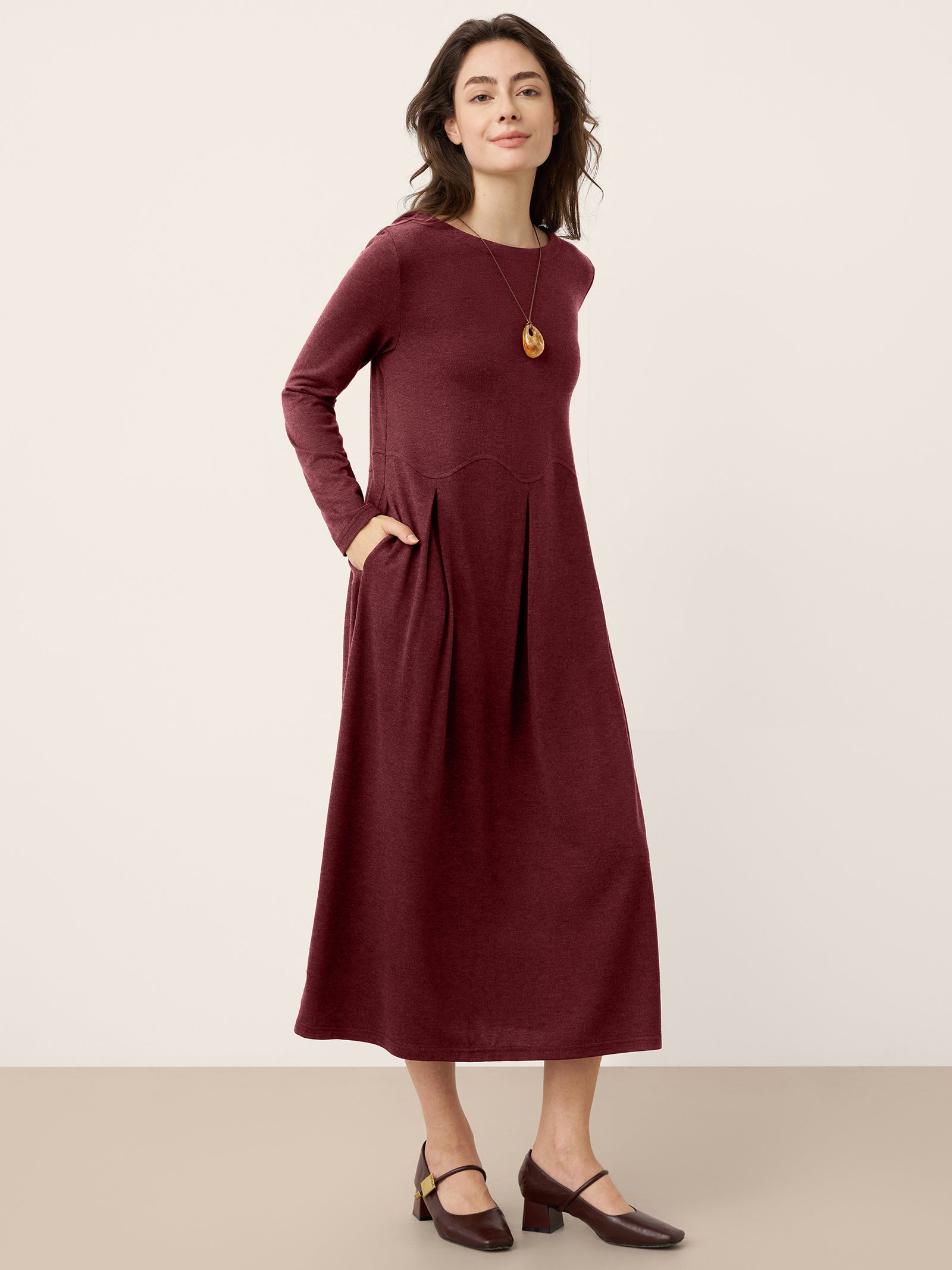Wool Arc-Panel Sculpted Pleats Midi Dress CALISTA - DestGlow