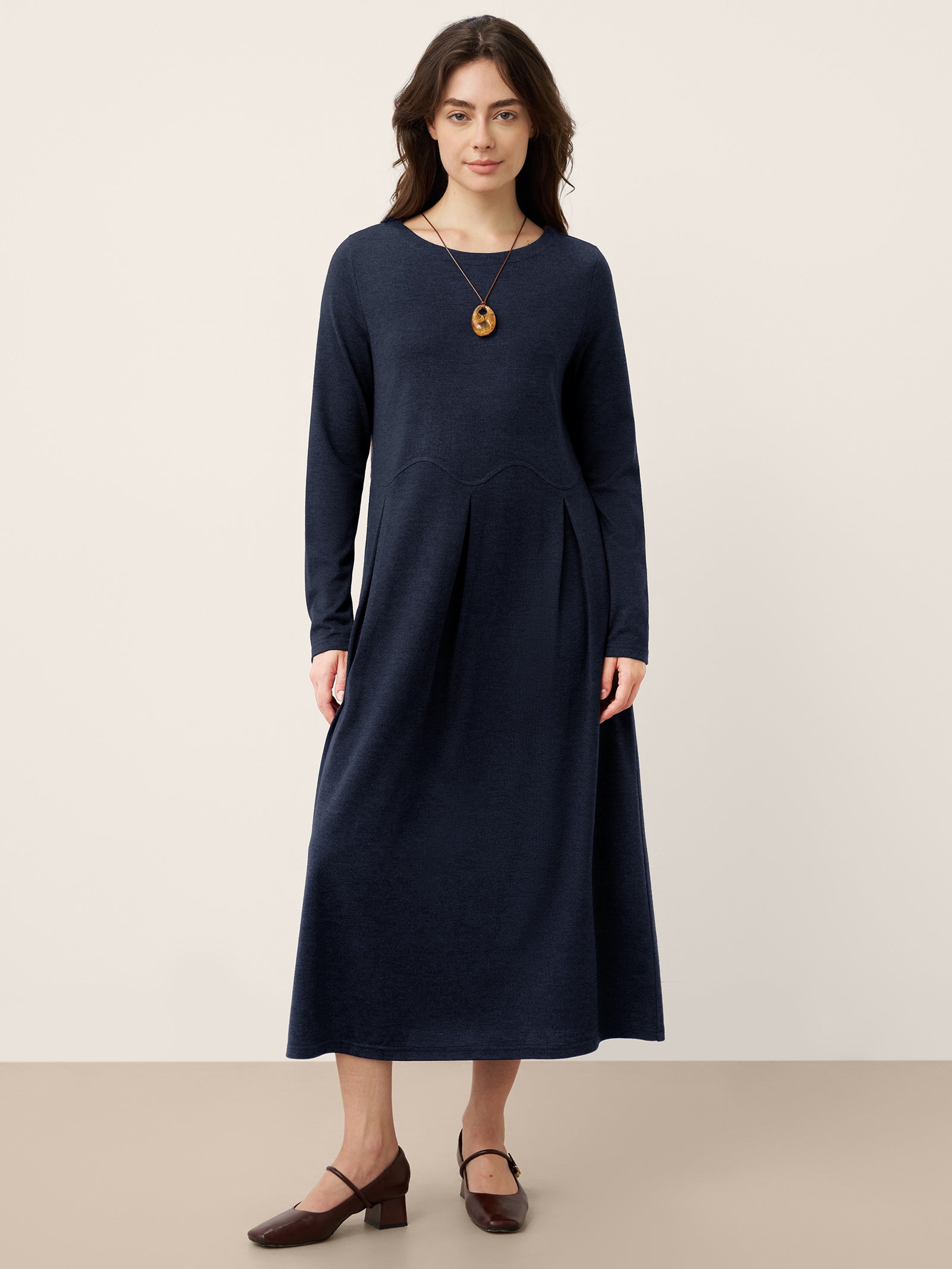Wool Arc-Panel Sculpted Pleats Midi Dress CALISTA - DestGlow