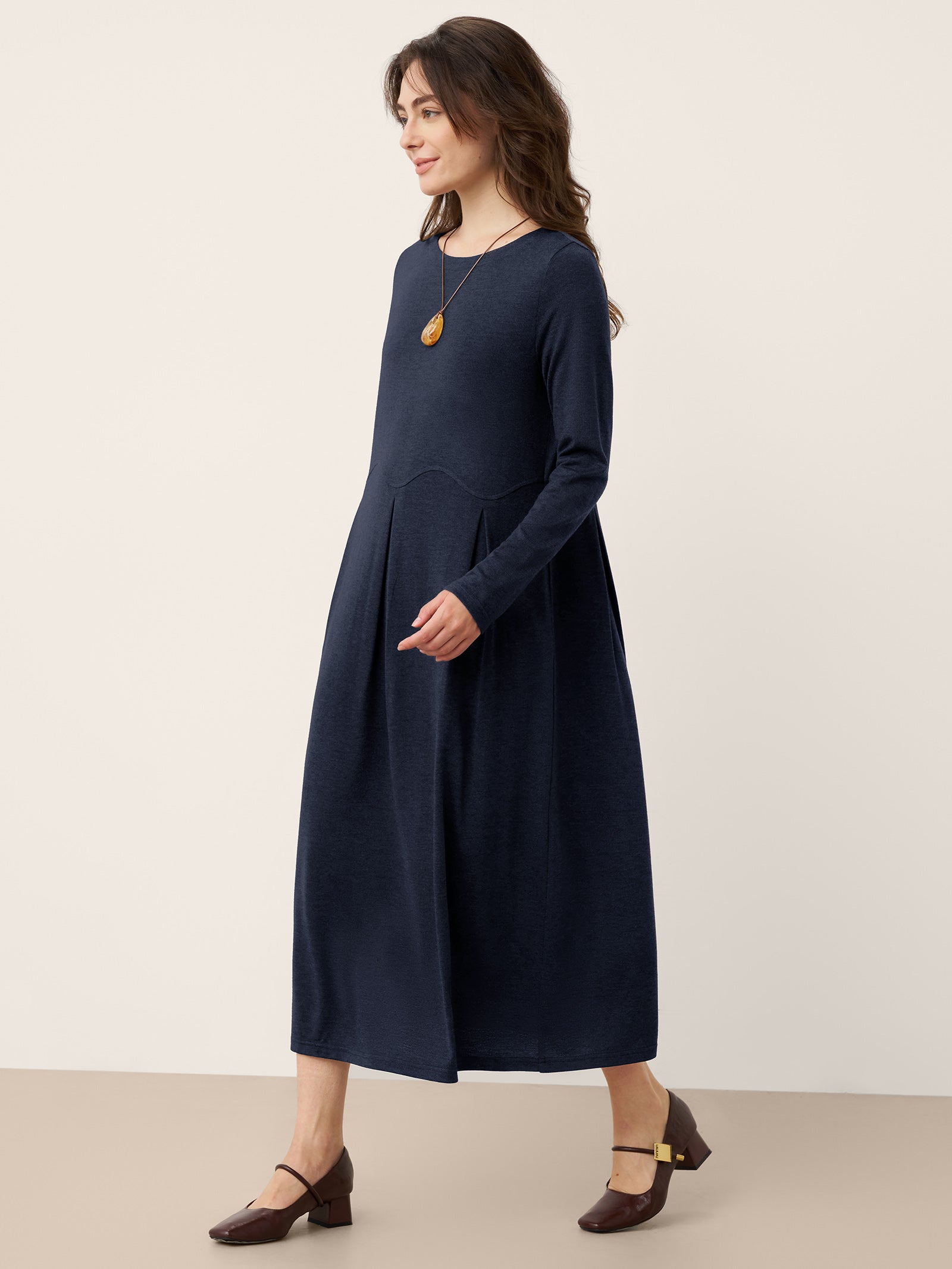 Wool Arc-Panel Sculpted Pleats Midi Dress CALISTA - DestGlow