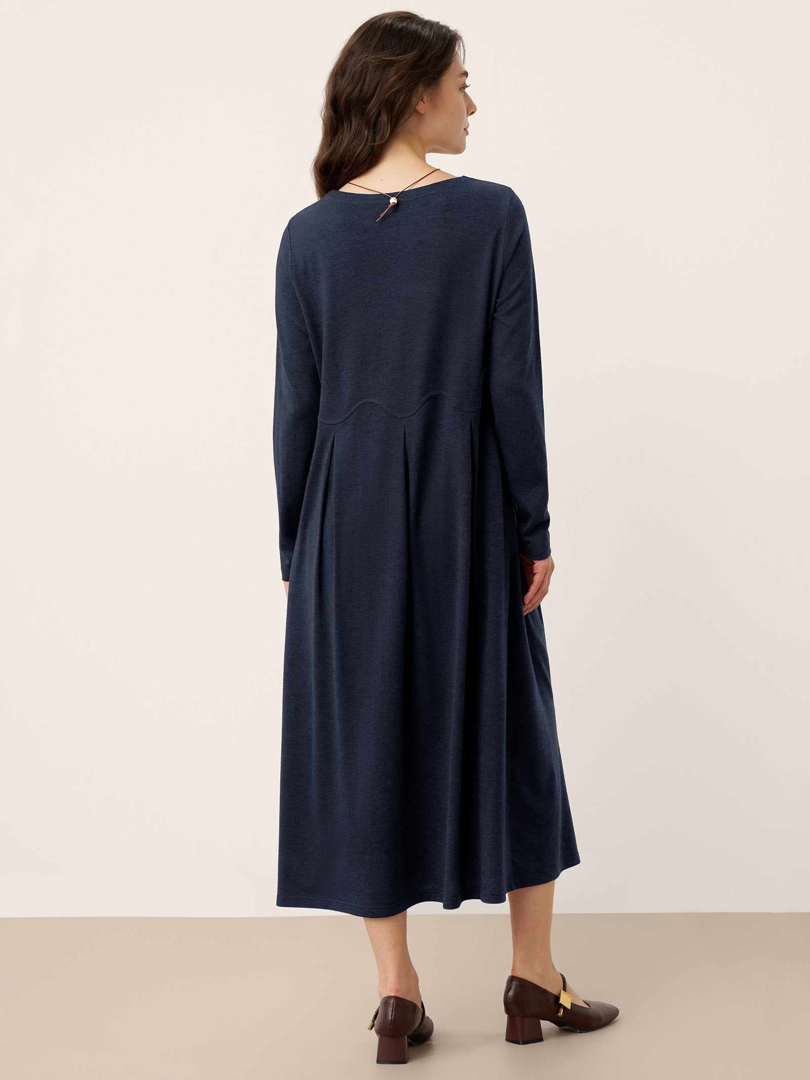 Wool Arc-Panel Sculpted Pleats Midi Dress CALISTA - DestGlow