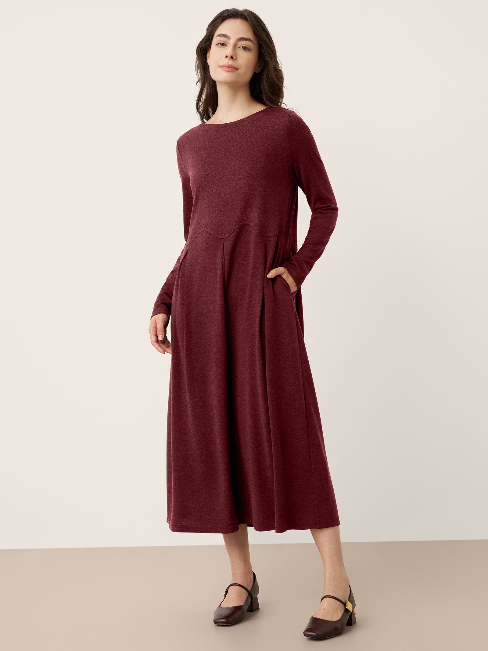 Wool Arc-Panel Sculpted Pleats Midi Dress CALISTA - DestGlow