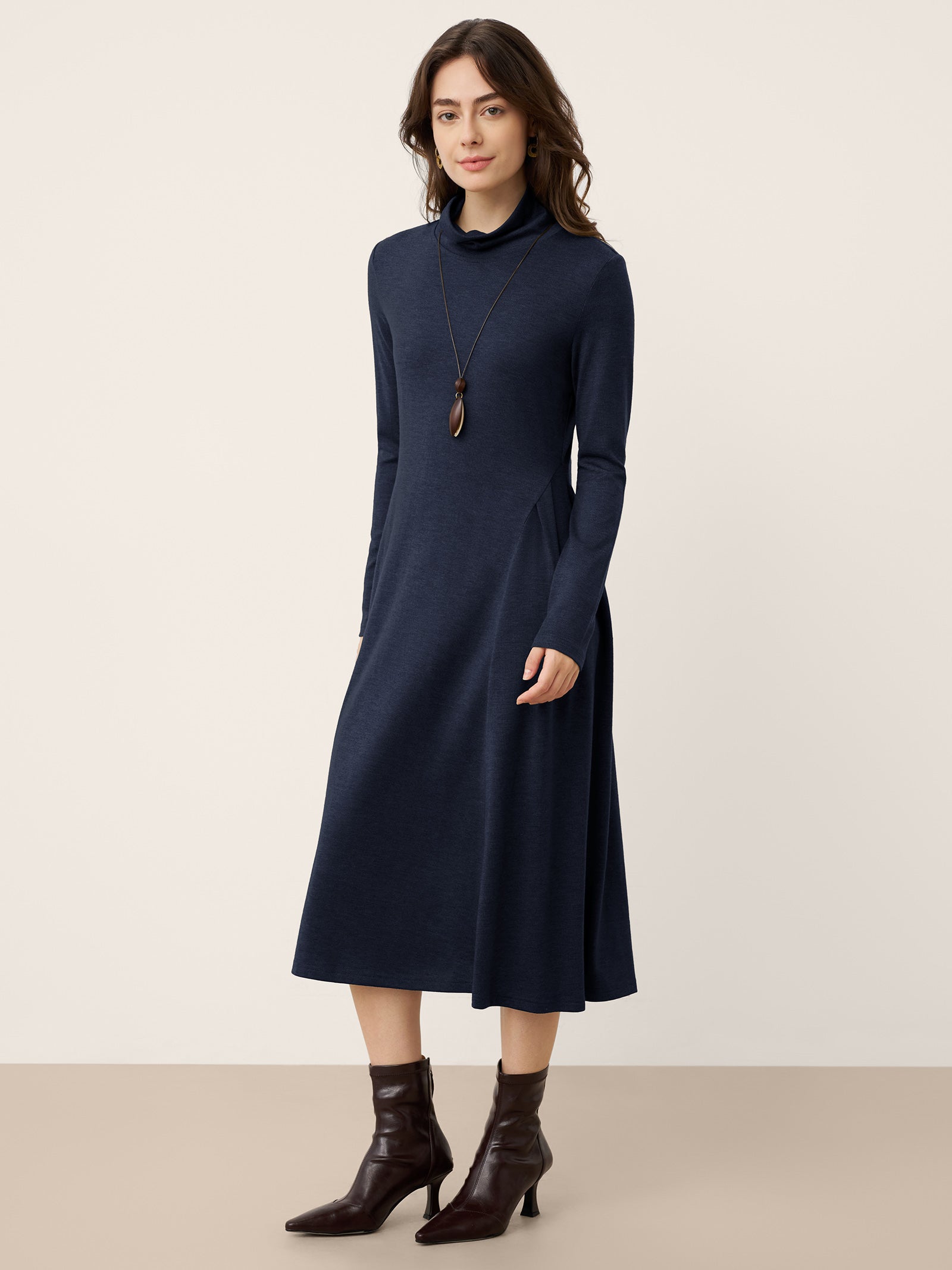 Wool Sculpted Pleats Turtleneck Maxi Dress BRIAR by LINTICO