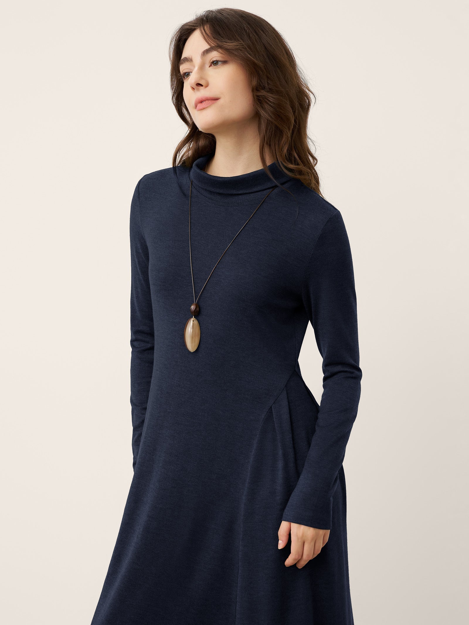 Wool Sculpted Pleats Turtleneck Midi Dress BRIAR