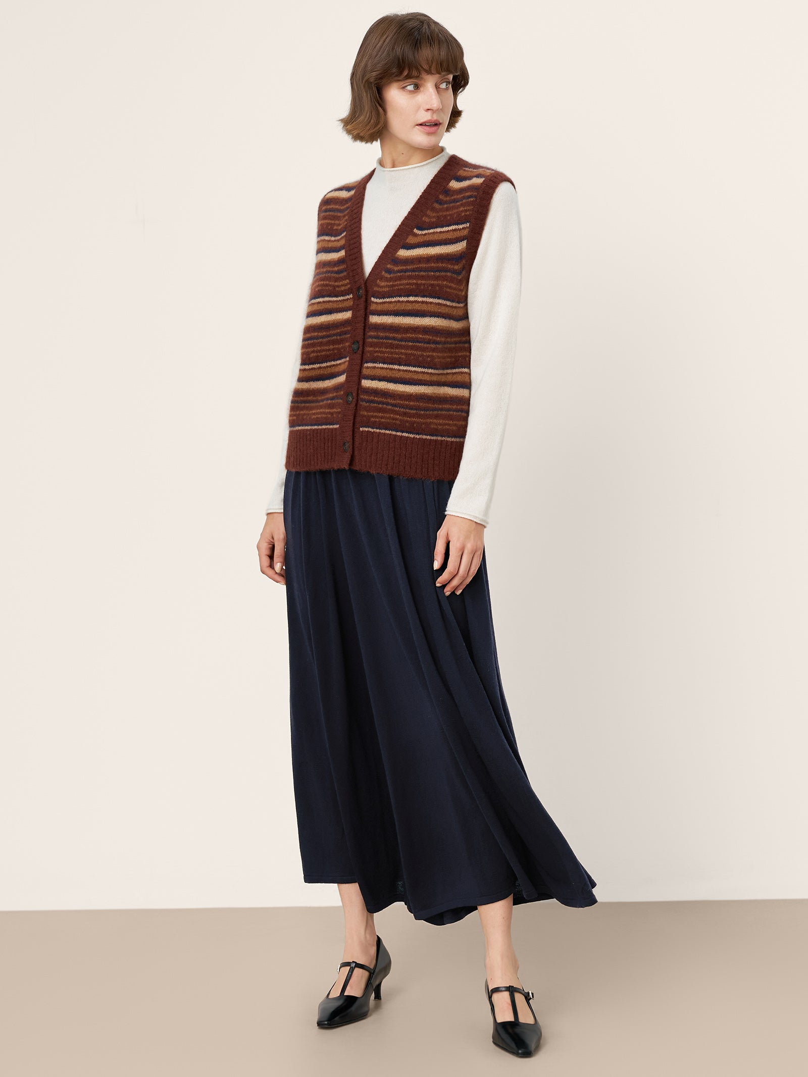 Mongolian Cashmere and Mulberry Silk Colorblock Stripe Button-Front Vest SOPHIE by LINTICO