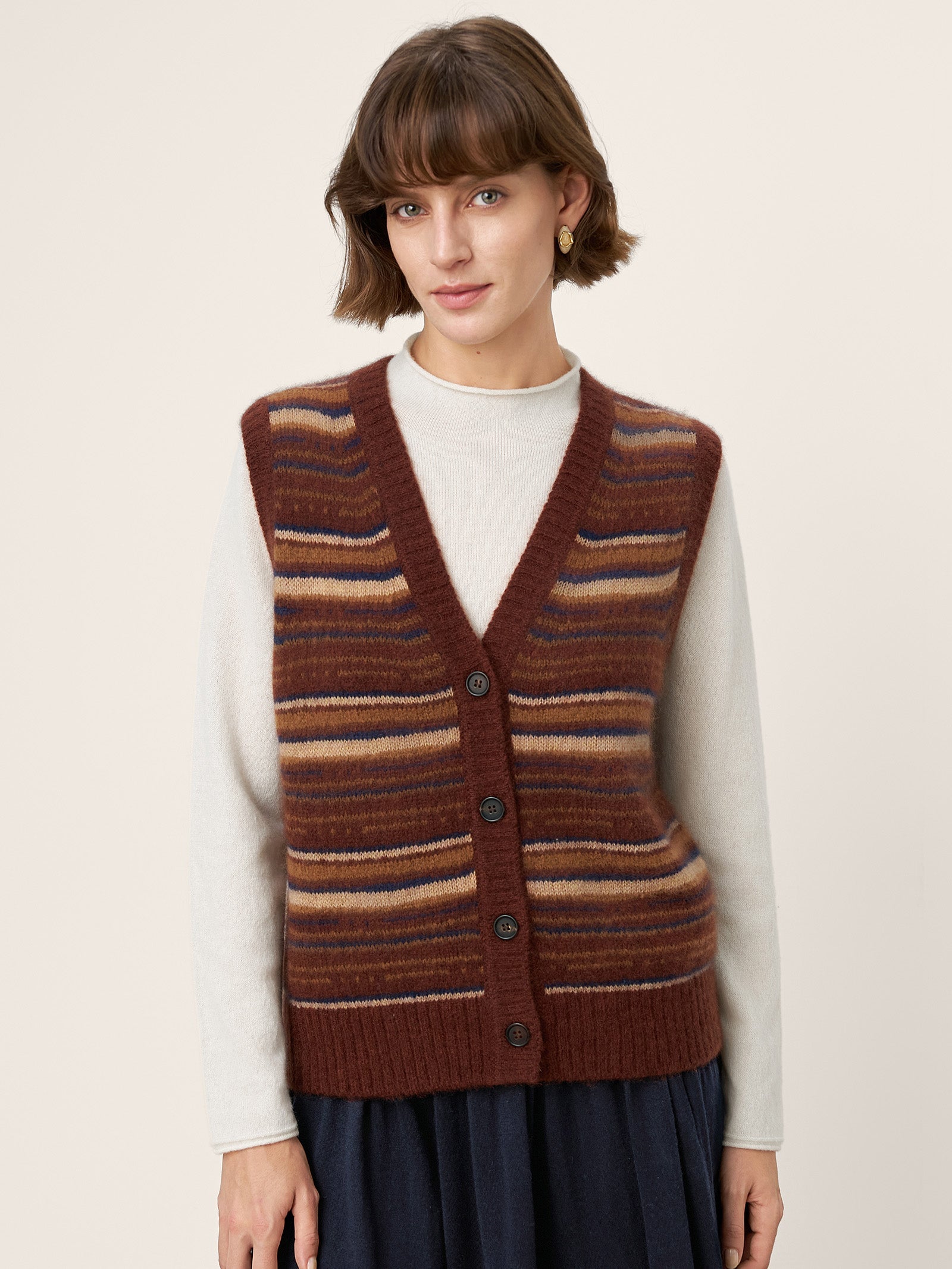 Mongolian Cashmere and Mulberry Silk Colorblock Stripe Button-Front Vest SOPHIE by LINTICO