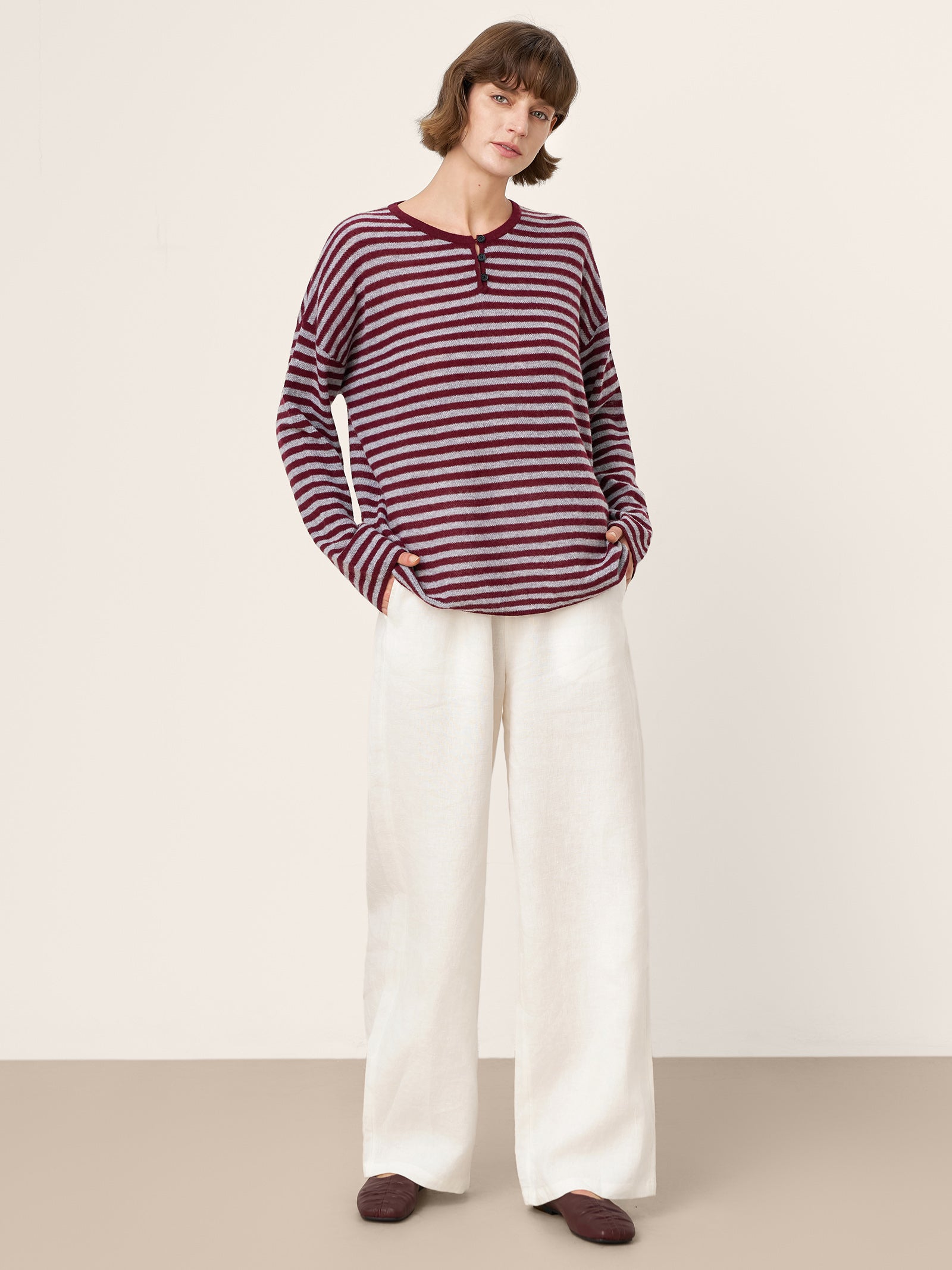 100% Mongolian Cashmere Drop Shoulder Stripe Knit Top RAINA by LINTICO