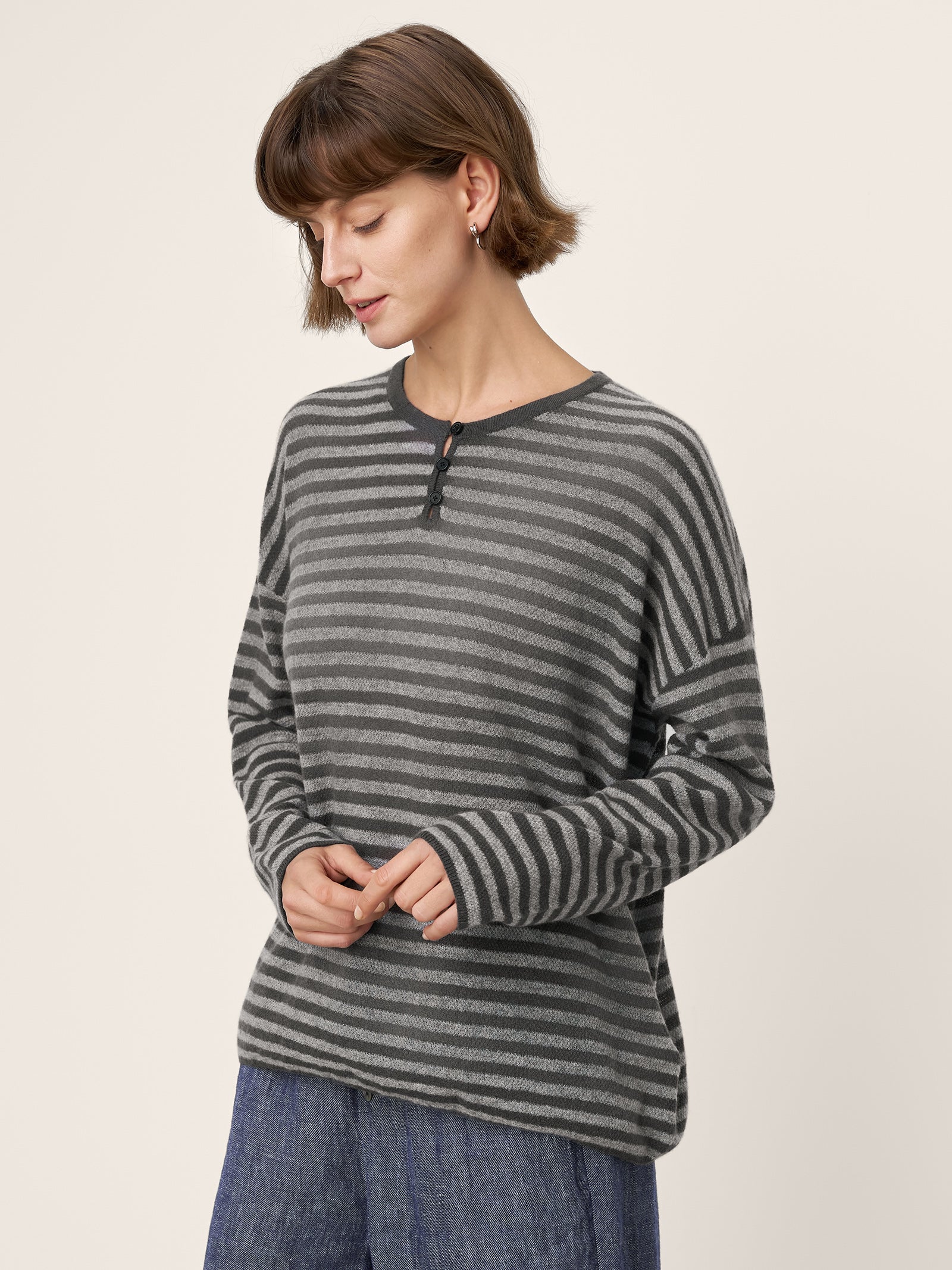 100% Mongolian Cashmere Drop Shoulder Stripe Knit Top RAINA by LINTICO