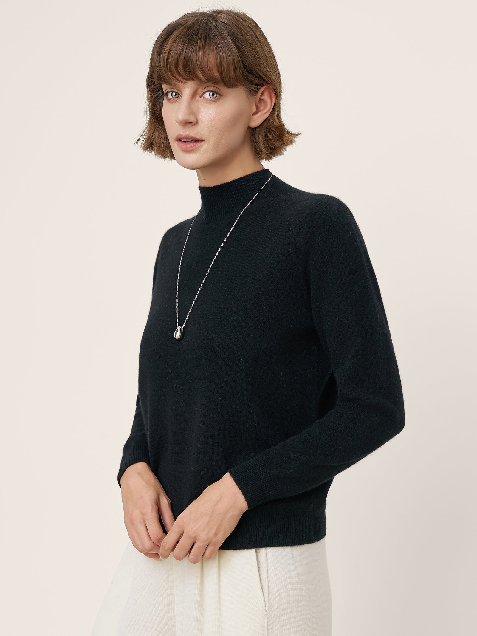 Premium Cashmere Blend Hand-Finished Seamless Mock Neck Ribbed Sweater RHEA by LINTICO