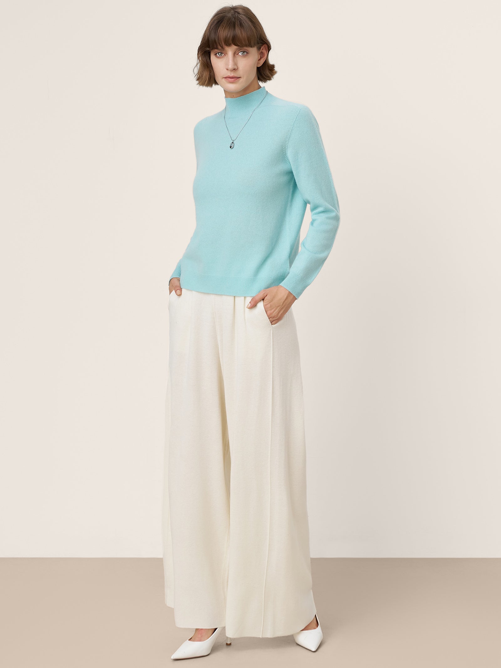 Premium Cashmere Blend Hand-Finished Seamless Mock Neck Ribbed Sweater RHEA by LINTICO