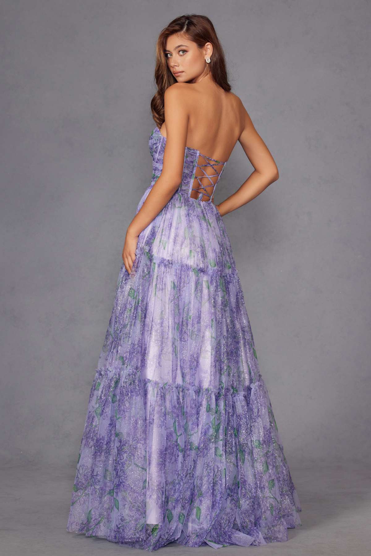 Juliet JT2507A Long Strapless Sweetheart Print Tiered Skirt Gown by DiscountDressShop