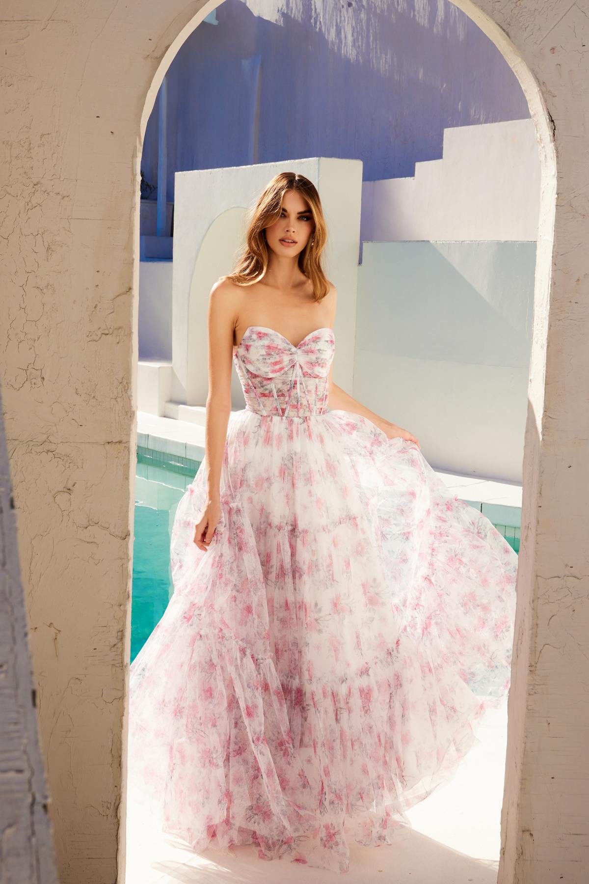 Juliet JT2507A Long Strapless Sweetheart Print Tiered Skirt Gown by DiscountDressShop