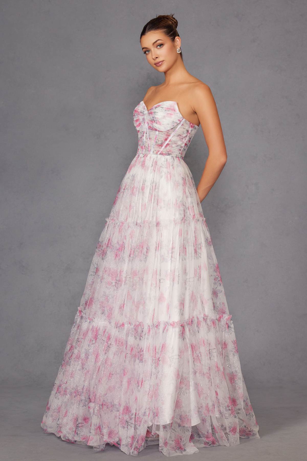Juliet JT2507A Long Strapless Sweetheart Print Tiered Skirt Gown by DiscountDressShop