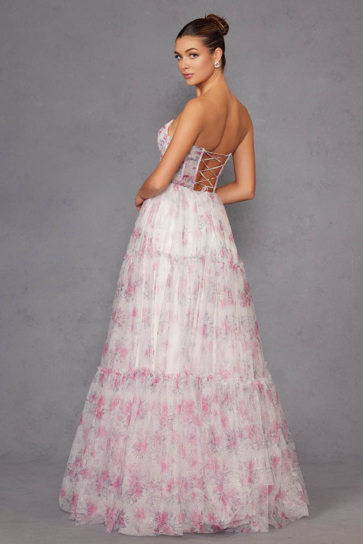 Juliet JT2507A Long Strapless Sweetheart Print Tiered Skirt Gown by DiscountDressShop