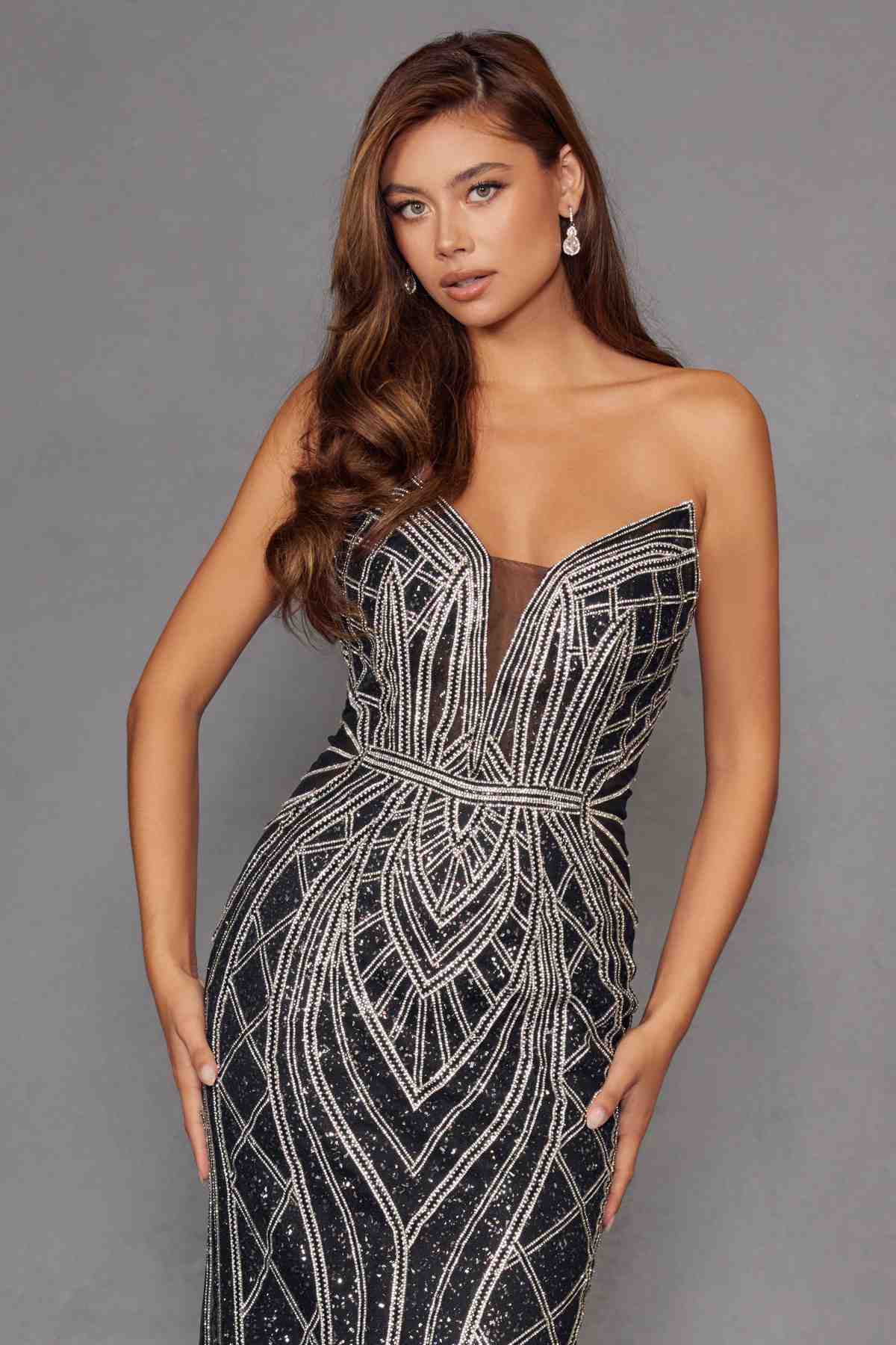 Juliet JT2525L Luxury High End Strapless Fitted Evening Gown by DiscountDressShop