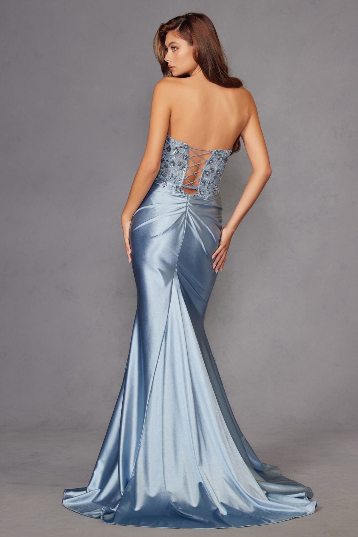 Juliet JT2534K Strapless Sweetheart Boned Corset Satin Prom Gown by DiscountDressShop