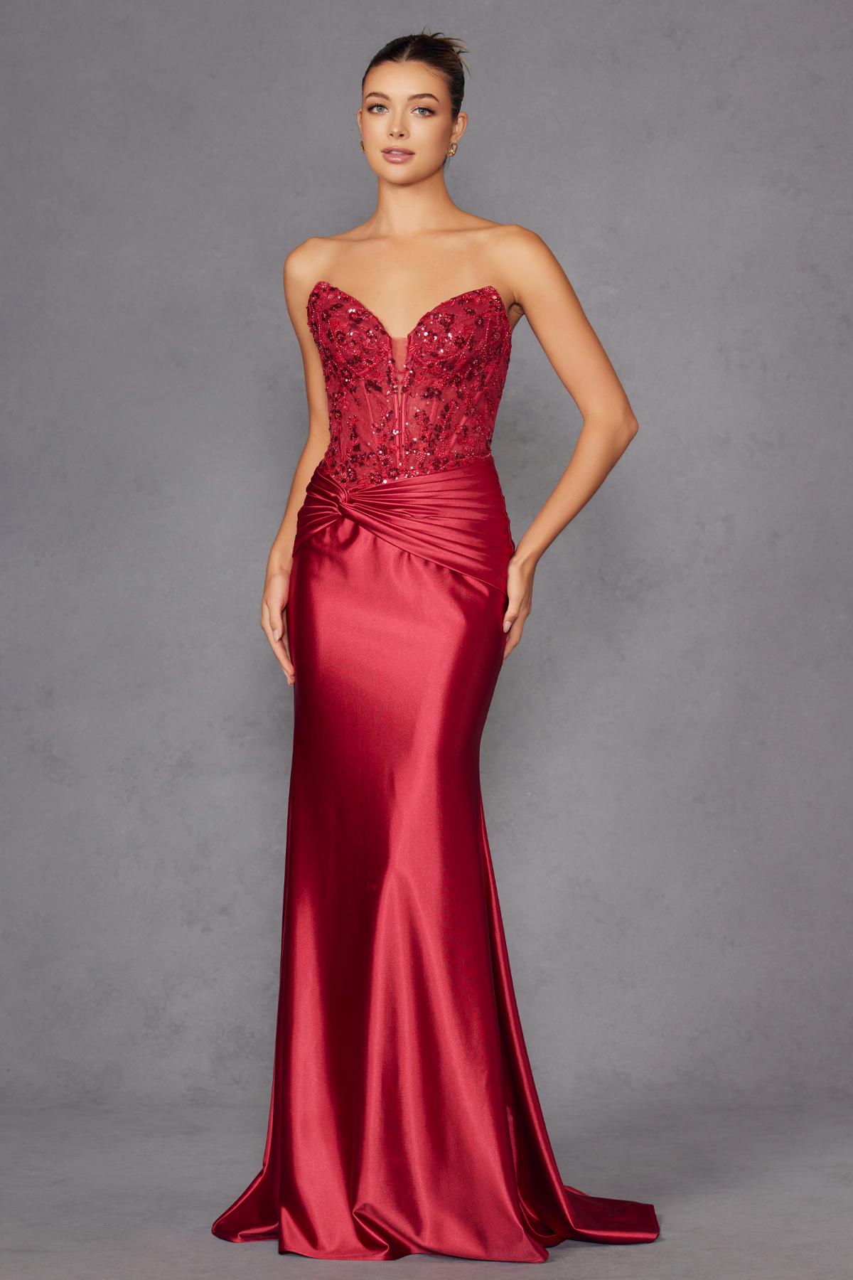 Juliet JT2534K Strapless Sweetheart Boned Corset Satin Prom Gown by DiscountDressShop