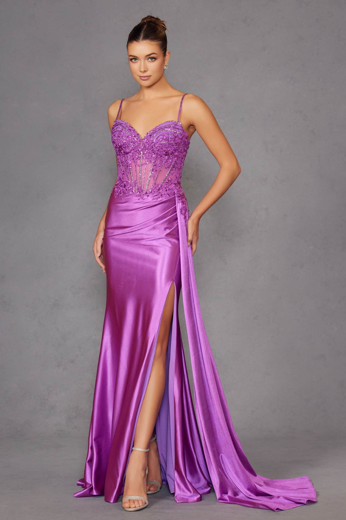 Juliet JT2535K Long Fitted Boned Corset Sweetheart Neck Side Slit Gown by DiscountDressShop