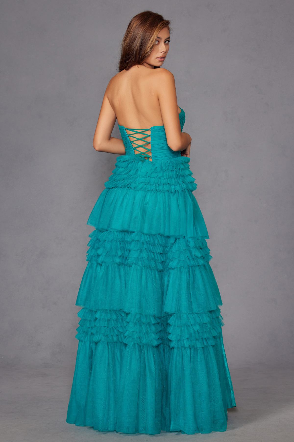 Juliet JT2542S Long Strapless Layered Tulle A-Line Gown by DiscountDressShop