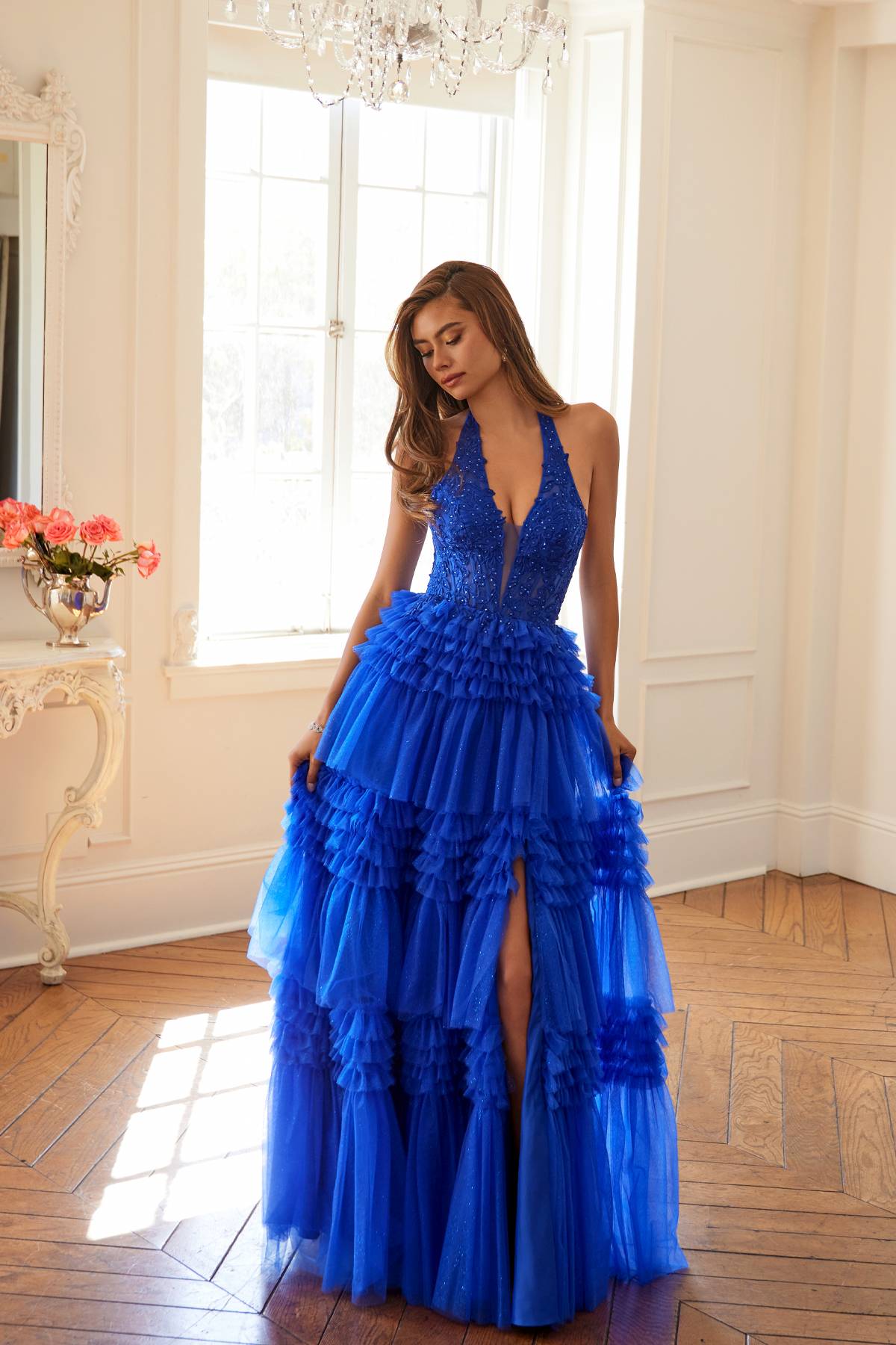 Juliet JT2556S Halter V-Neckline Layered Tulle Slit A-Line Gown by DiscountDressShop