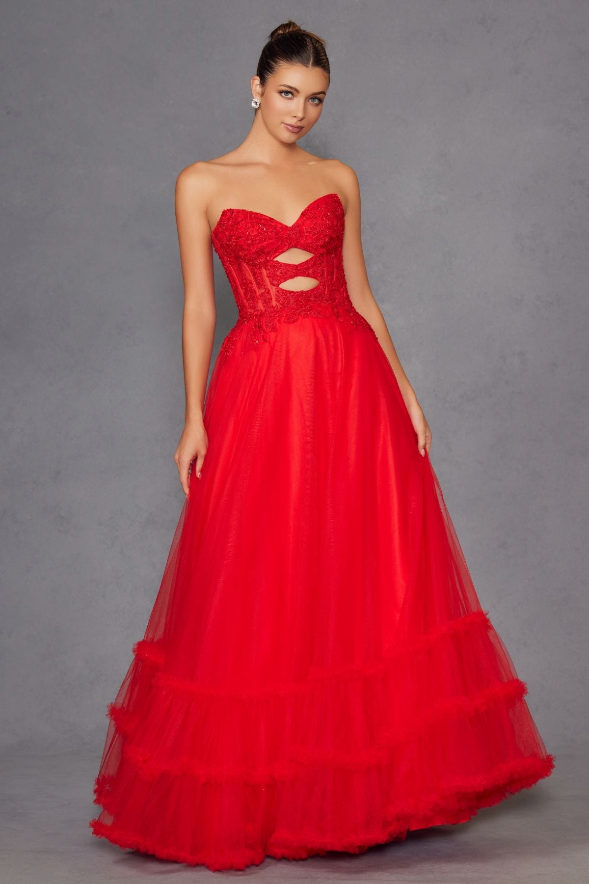 Juliet JT2561S Strapless Sweetheart Keyhole Bodice Tulle A-Line Gown by DiscountDressShop