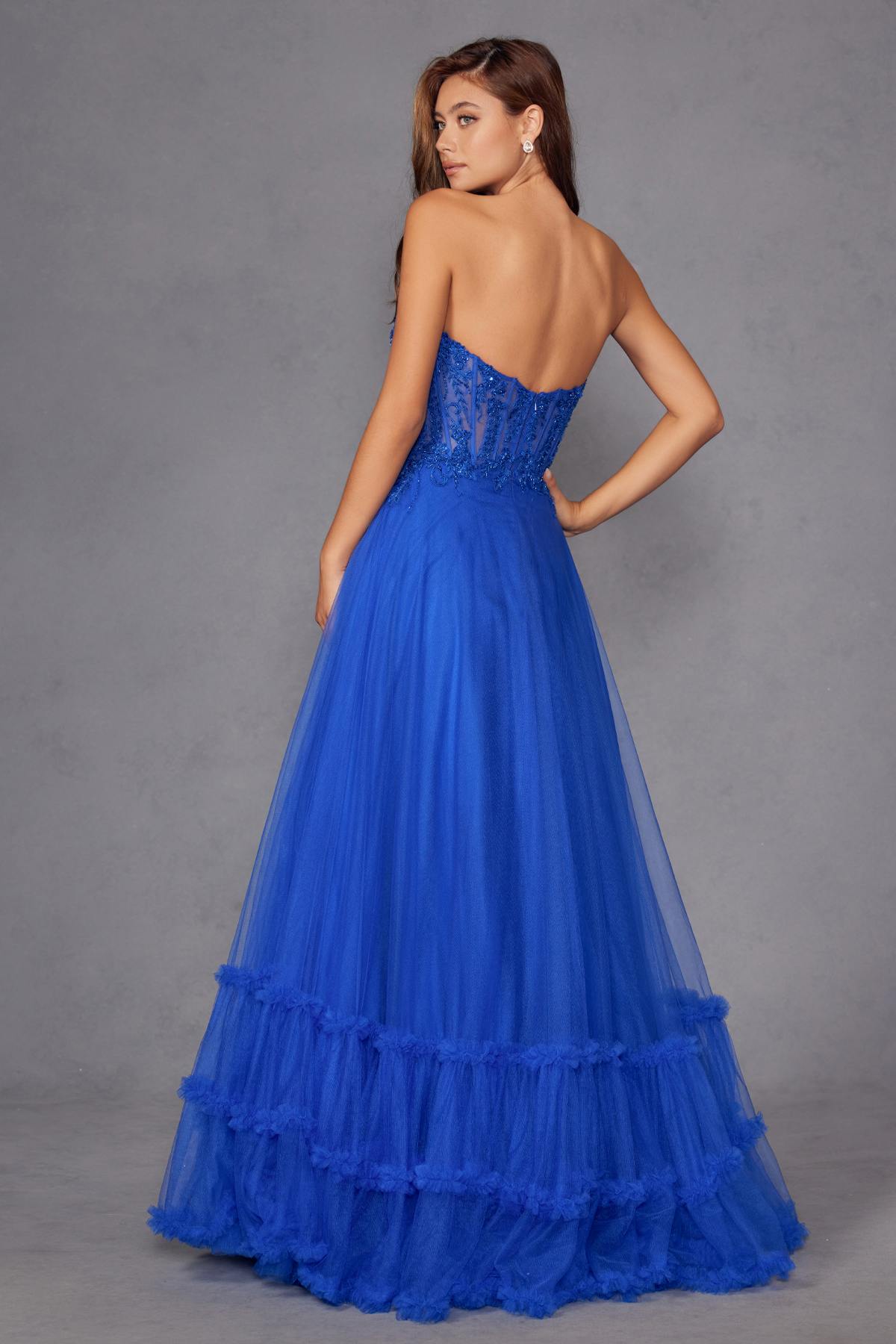 Juliet JT2561S Strapless Sweetheart Keyhole Bodice Tulle A-Line Gown by DiscountDressShop