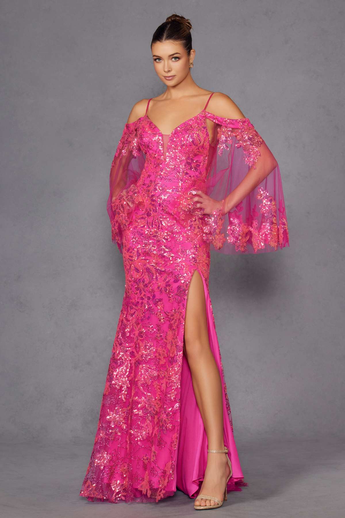 Juliet JT2564U Long Sleeve Cold Shoulder Fitted Sequin Gown by DiscountDressShop