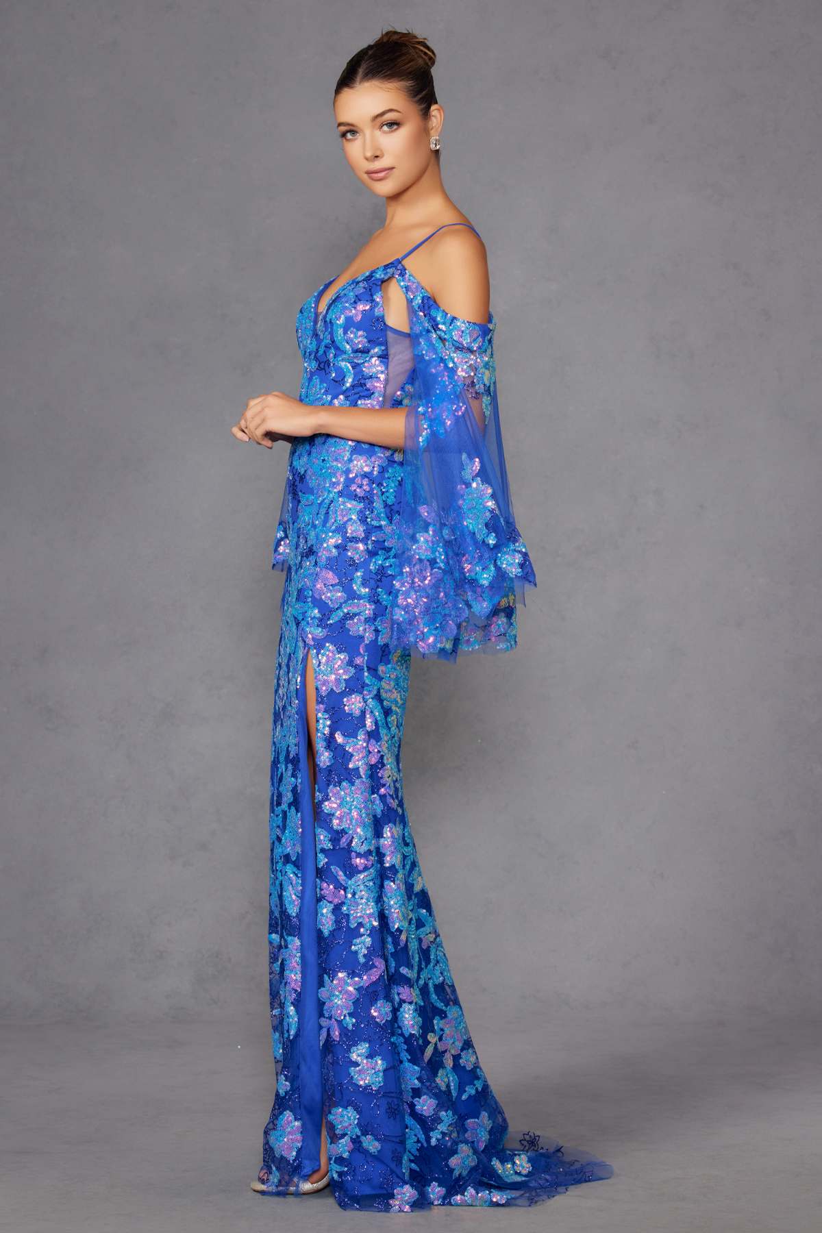 Juliet JT2564U Long Sleeve Cold Shoulder Fitted Sequin Gown by DiscountDressShop