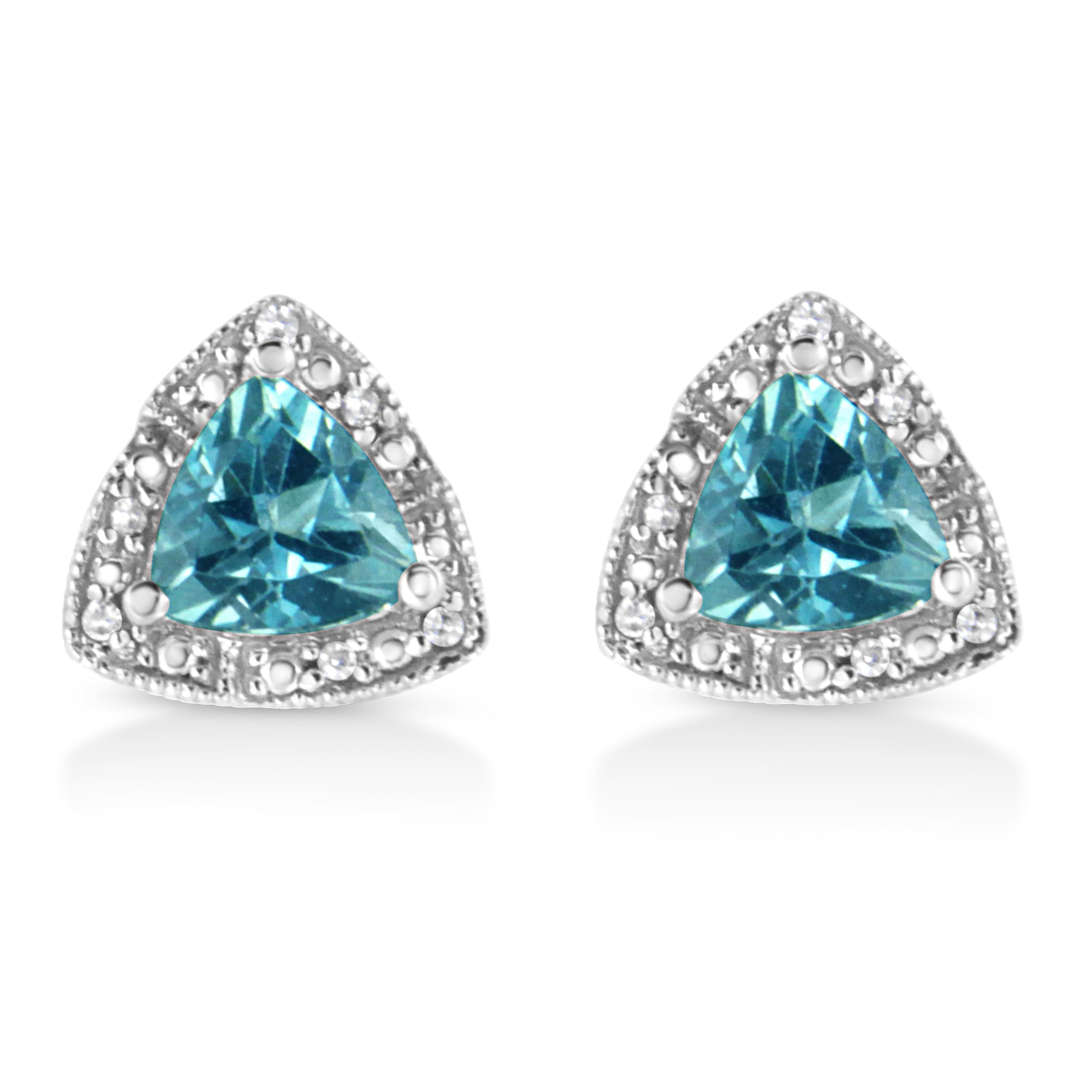 .925 Sterling Silver 6x6 mm Trillion Cut Blue Topaz Gemstone and Diamond Accent Stud Earring (I-J Color, I1-I2 Clarity) DestGlow