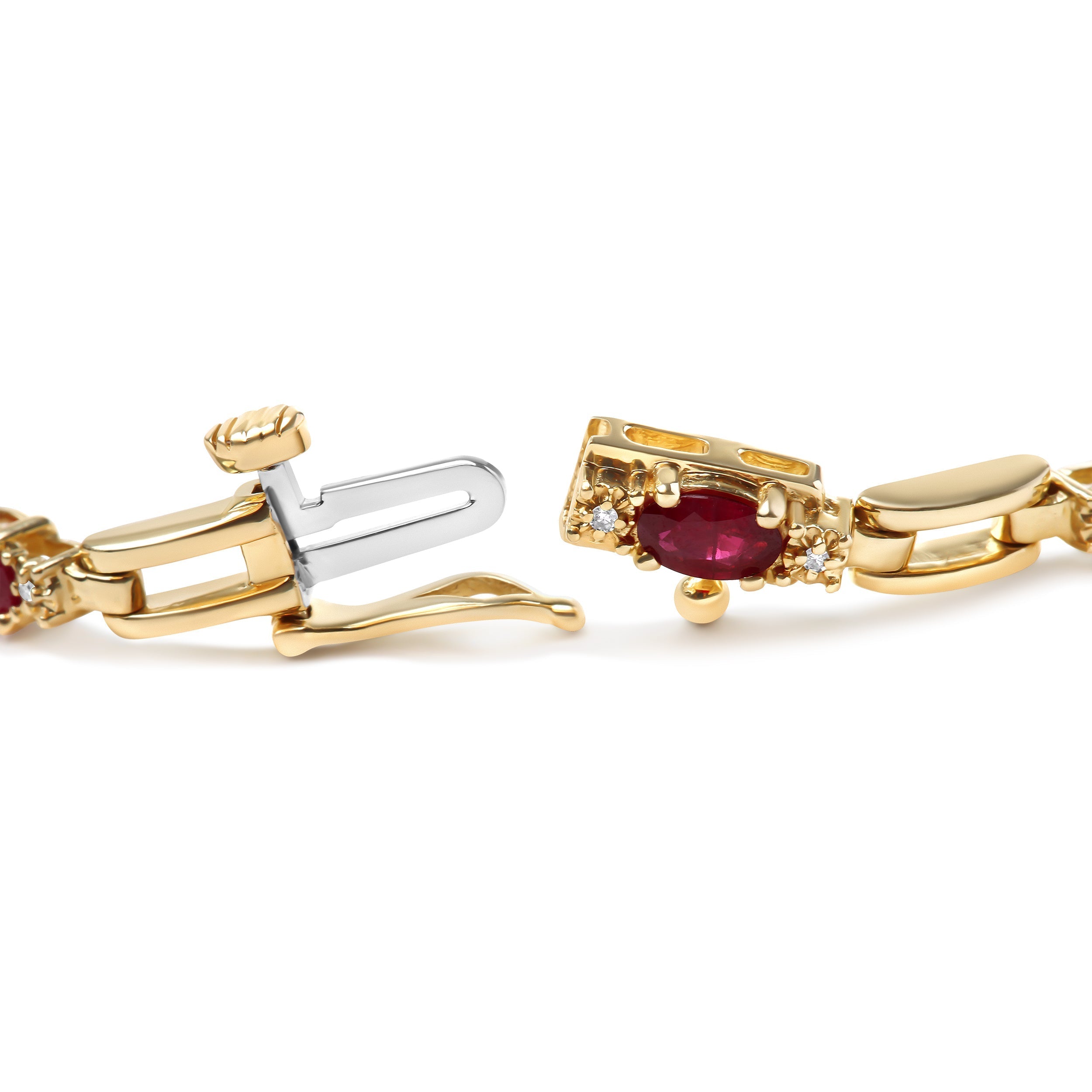 10K Yellow Gold Oval Ruby and 1/10 Cttw Diamond Bar Prong Set Bracelet (H-I Color, SI1-SI2 Clarity) - Size 7" DestGlow