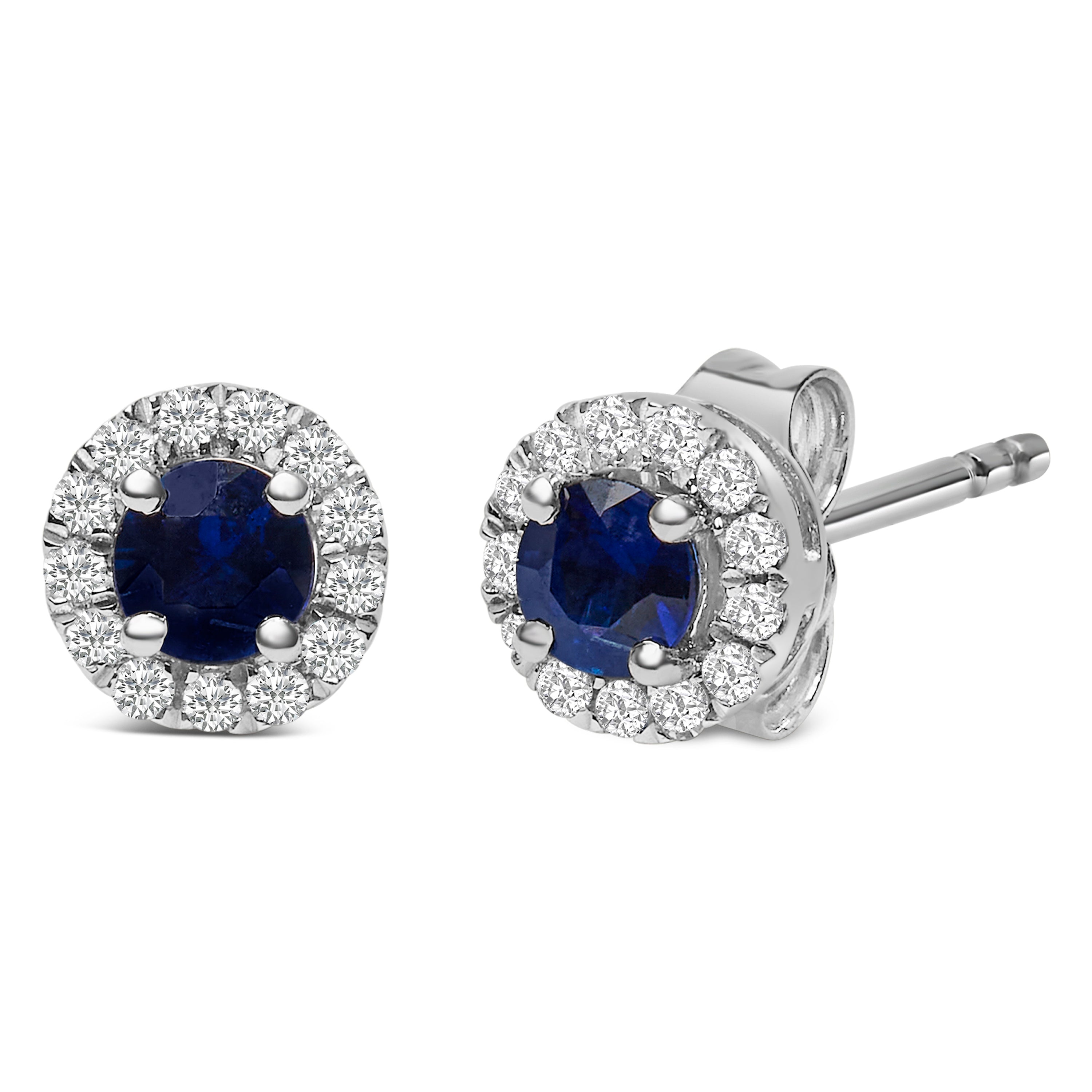 10K White Gold 3.25mm x 3.25mm Round Blue Sapphire and 1/10 Cttw Diamond Halo Stud Earrings (I-J Color, I1-I2 Clarity) DestGlow