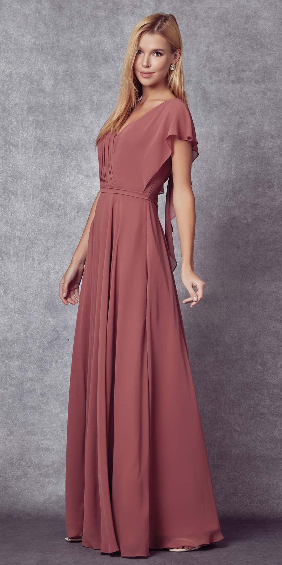 Juliet 261 Flutter Sleeve Formal Dress Cascade Back by DiscountDressShop