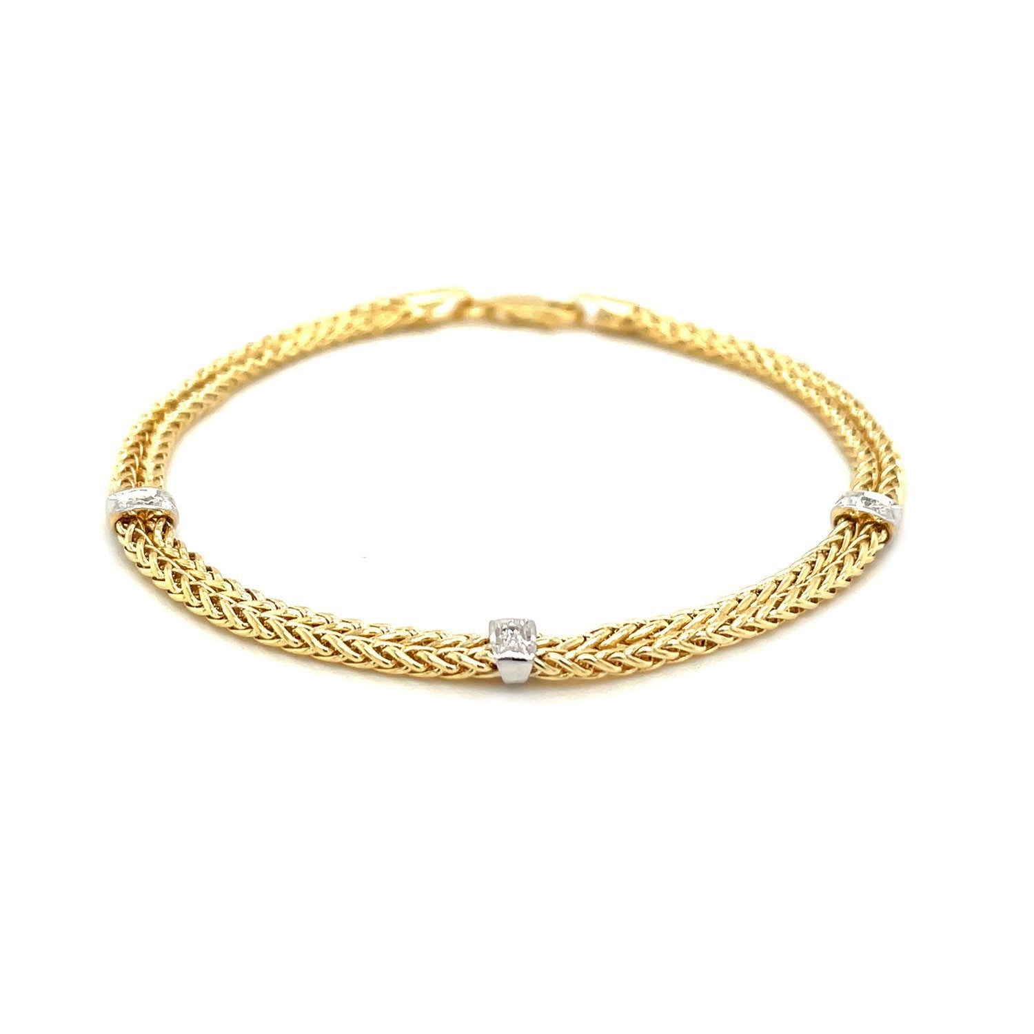 14k Two-Tone Gold Dual Wheat Chain Bracelet with Diamond Stations (.02 cttw) by Bids.com