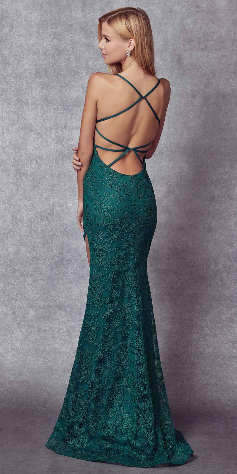 Juliet 266 Embroidered Lace Fitted Evening Dress Side Slit by DiscountDressShop