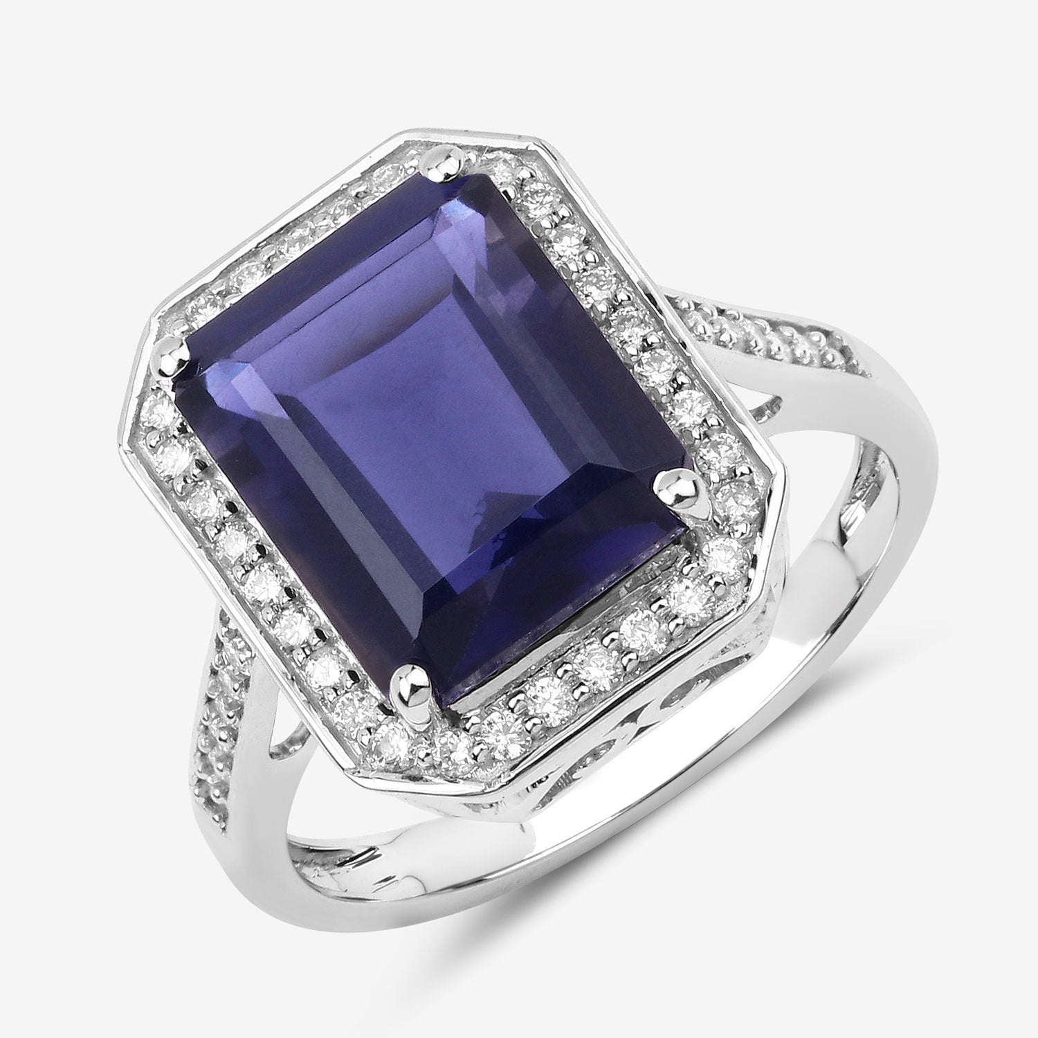 3.70 Carat Genuine Iolite and White Diamond 14K White Gold Ring by Bids.com