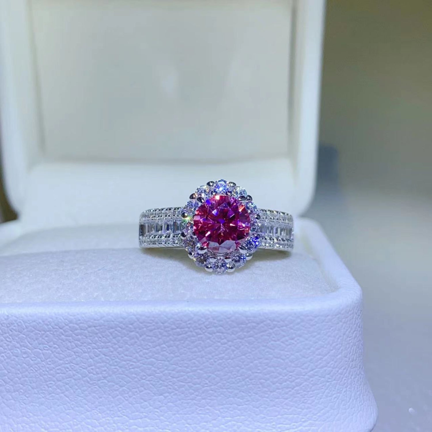 1 Carat Fuschia Red Sparkala™ Pure Sterling Silver Halo Ring - DestGlow