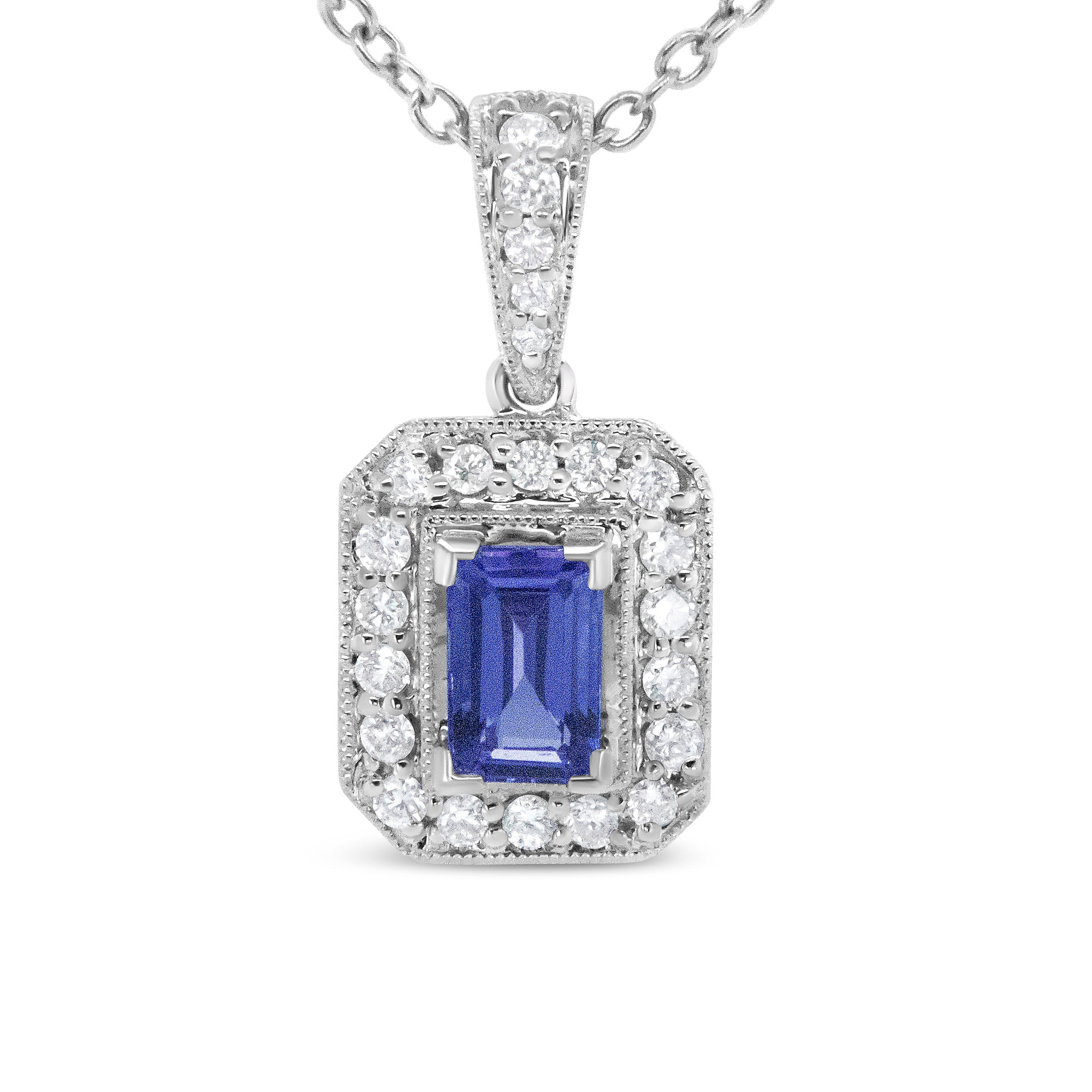 18K White Gold 1/4 Cttw Round Diamond and 6x4mm Purple Tanzanite Halo 18" Pendant Necklace (H-I Color, VS1-VS2 Clarity) DestGlow