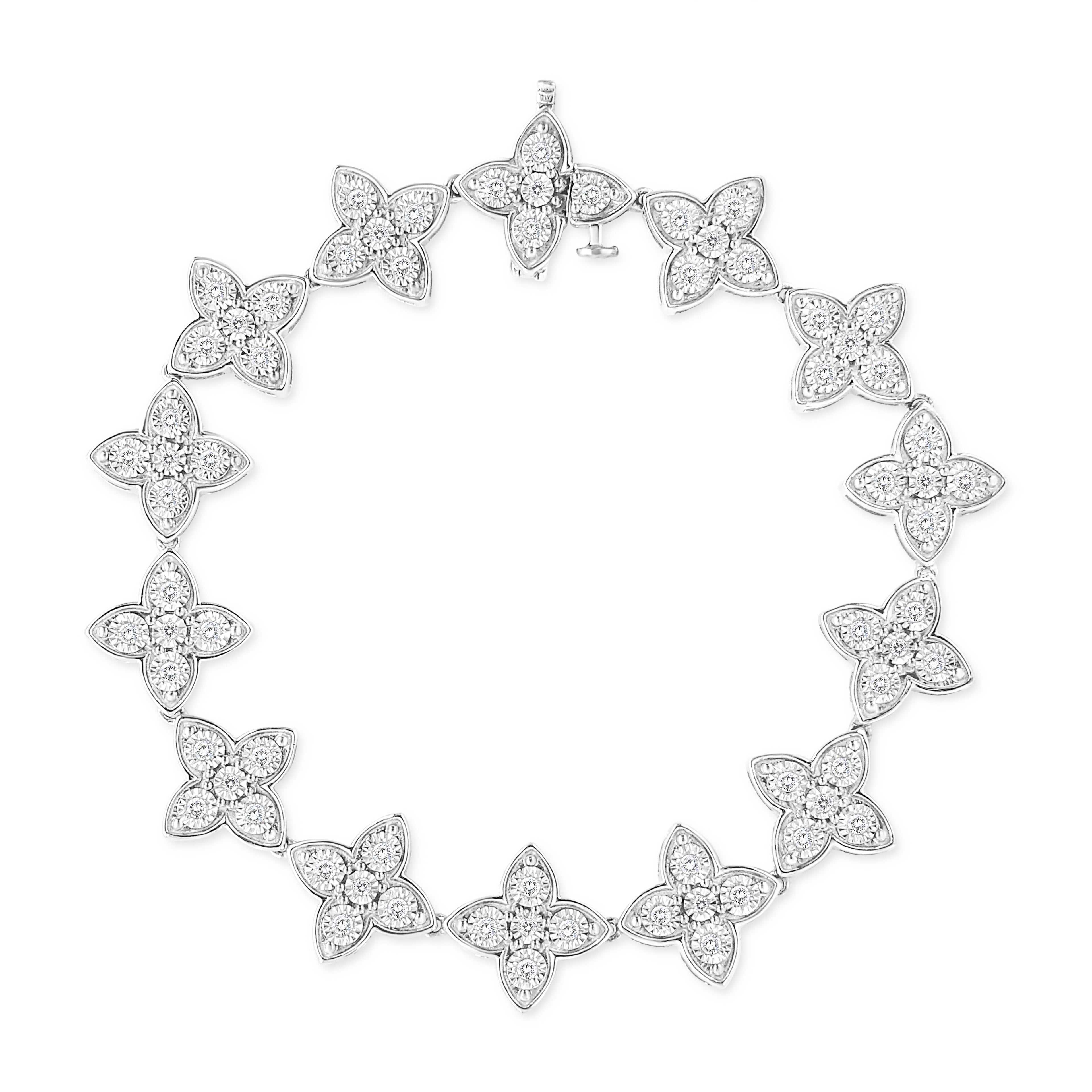 .925 Sterling Silver 1.0 cttw Miracle-Set Diamond 4 Leaf Clover Link Bracelet (I-J Clarity, I3 Color) - Size 7.25" DestGlow