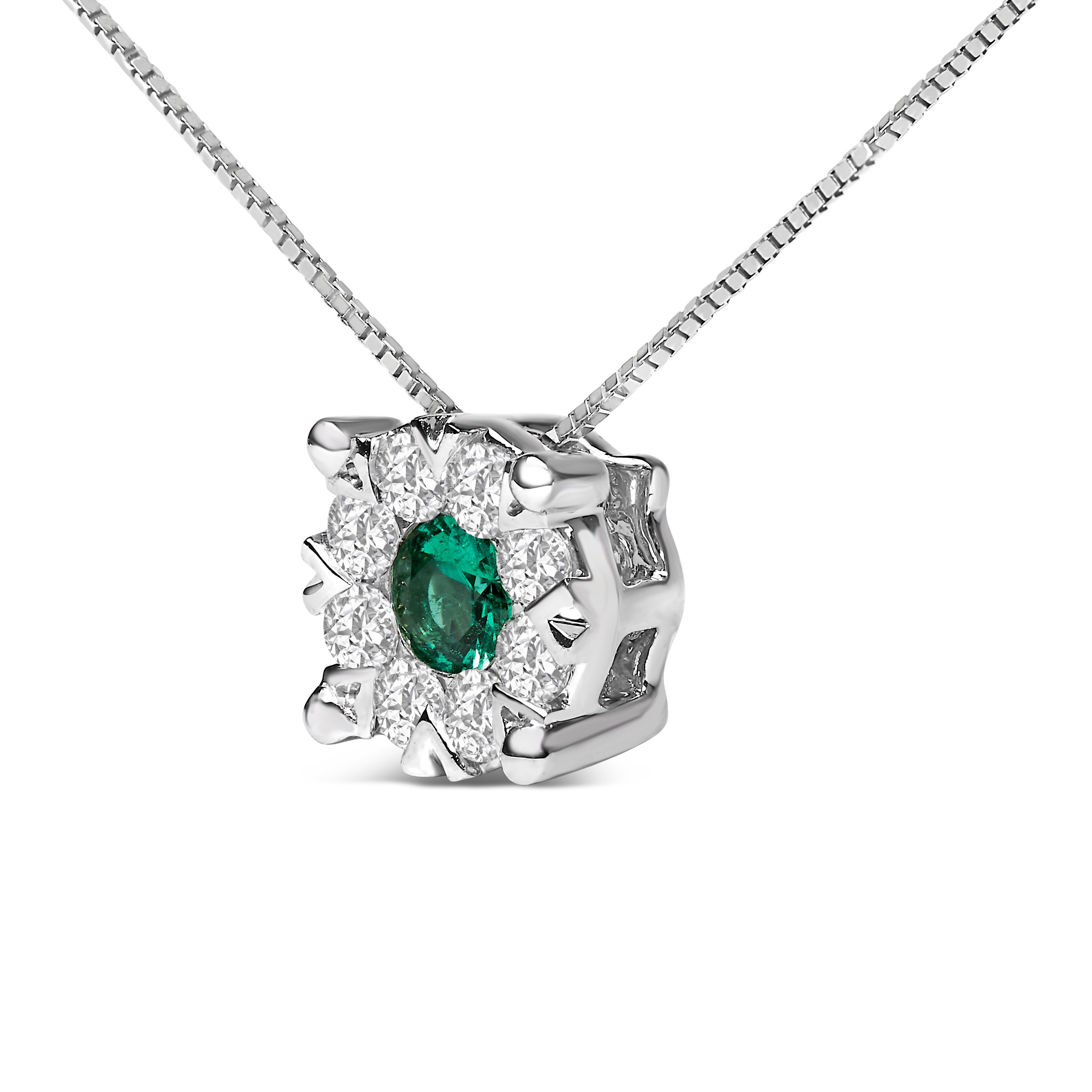 14K White Gold 3.8 MM Green Emerald and 1/3 Cttw Diamond Composite Halo 18" Pendant Necklace (F-G Color, VS2-SI1 Clarity) DestGlow