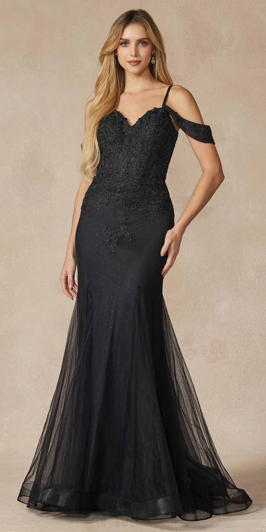 Juliet 281 Long Fully Mesh Gown Off the Shoulder Sleeves Mermaid Skirt by DiscountDressShop