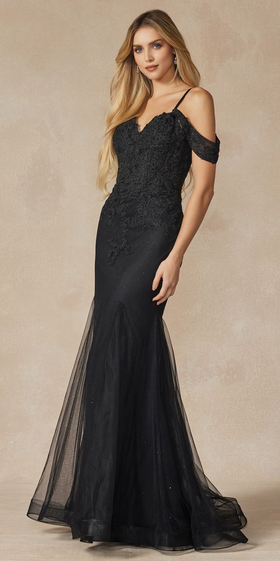 Juliet 281 Long Fully Mesh Gown Off the Shoulder Sleeves Mermaid Skirt by DiscountDressShop