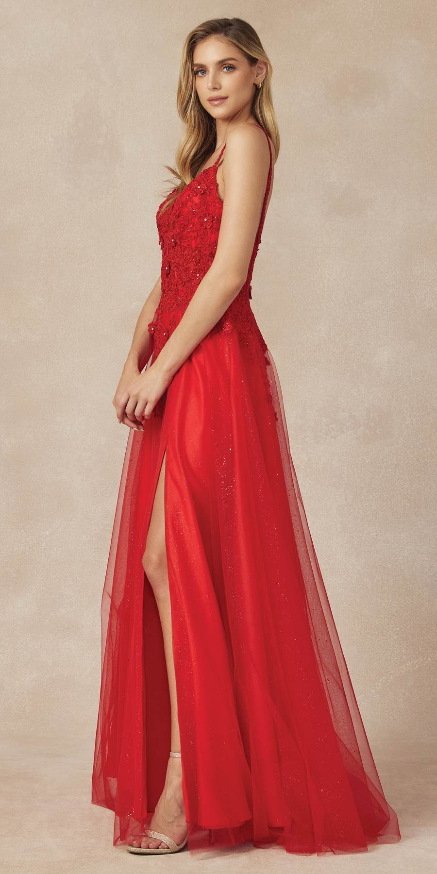 Juliet 283 3D Flowers Embroidered Tulle Glitter Skirt High Slit by DiscountDressShop